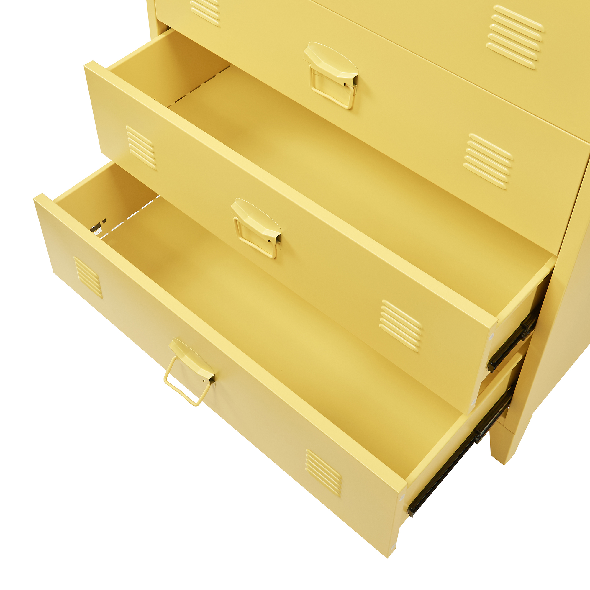 Comodă metalică galbenă cu 4 sertare, stil industrial, 80x40x92 cm