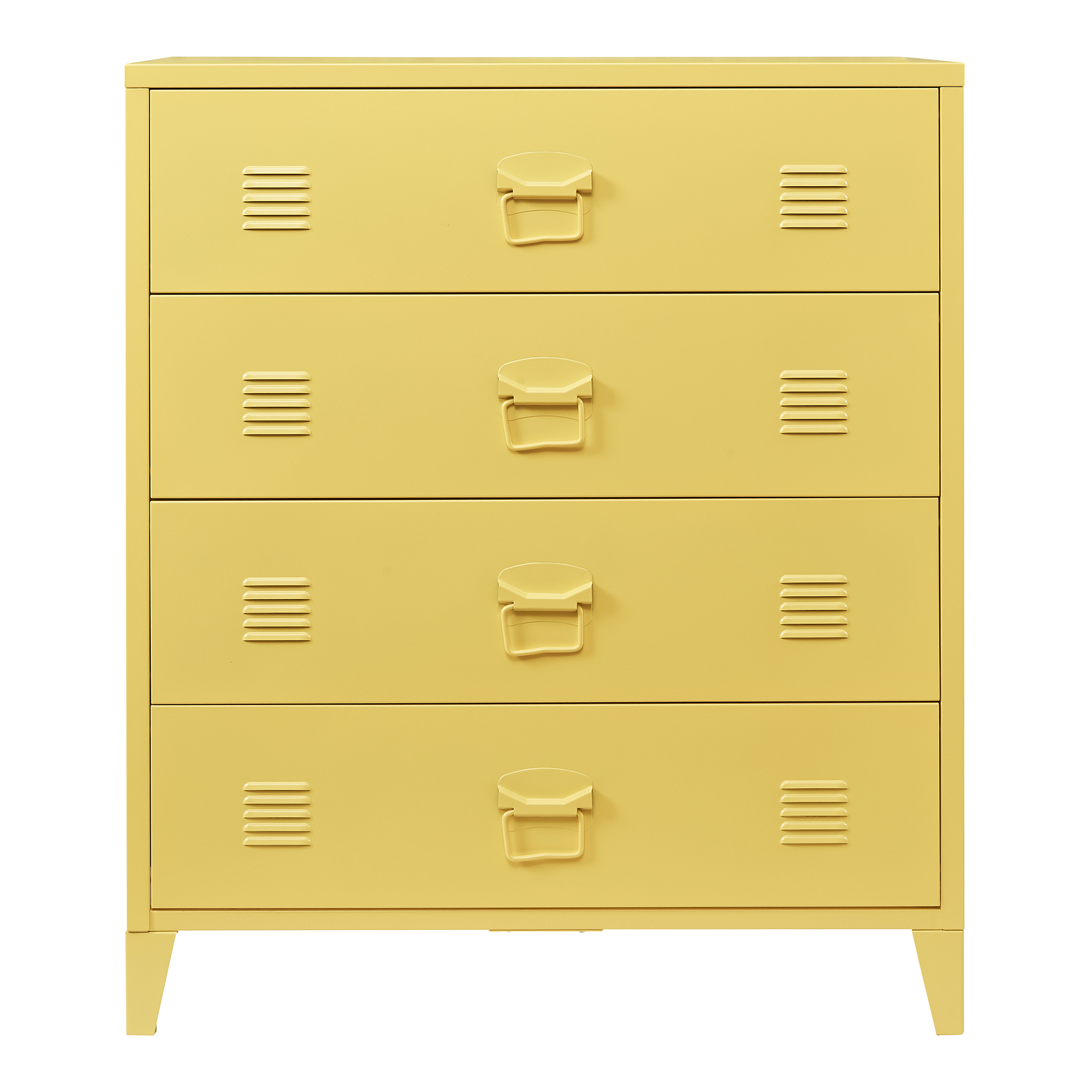 Comodă metalică galbenă cu 4 sertare, stil industrial, 80x40x92 cm