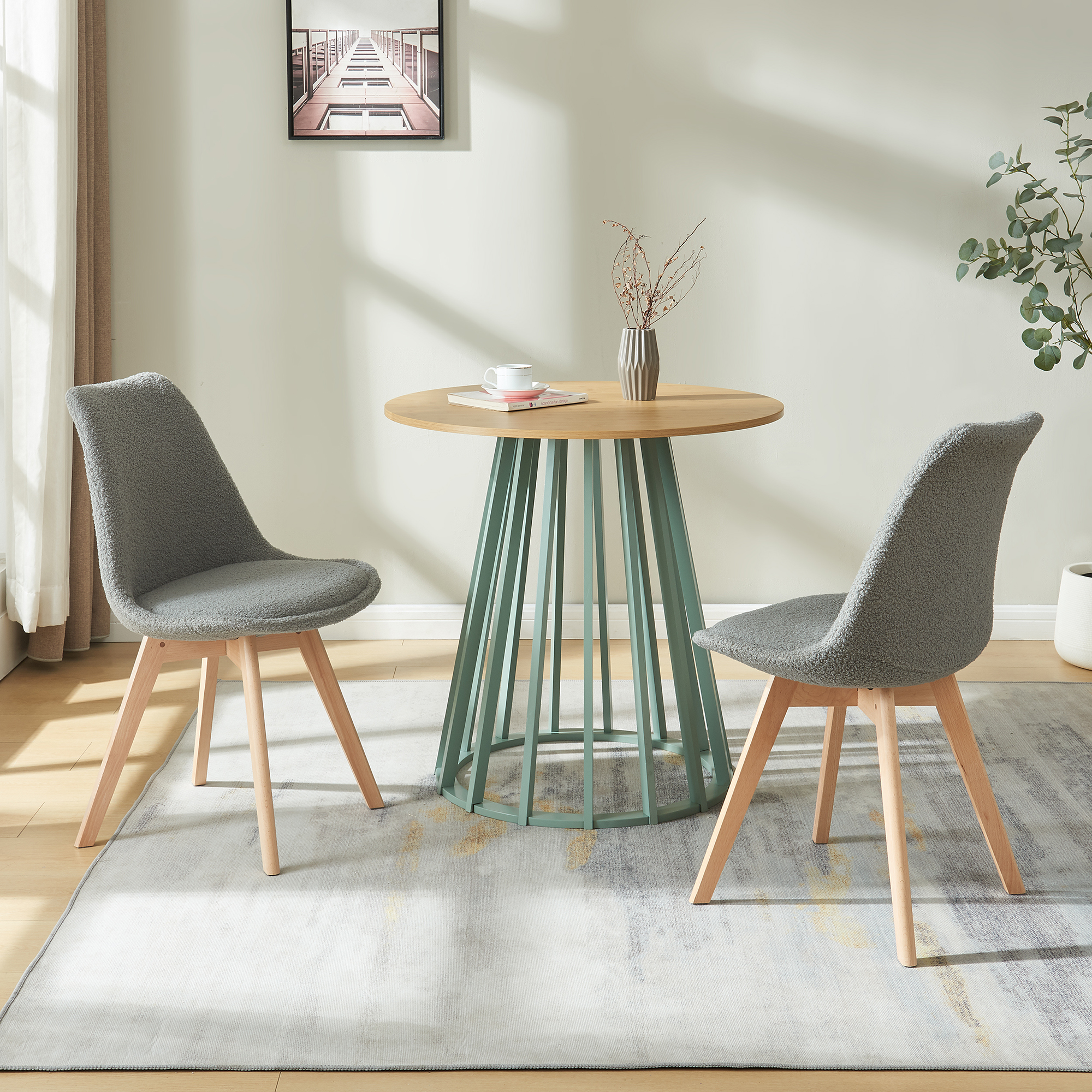 Set 6 scaune dining Fläten gri bouclé, tapitate, cu picioare din lemn