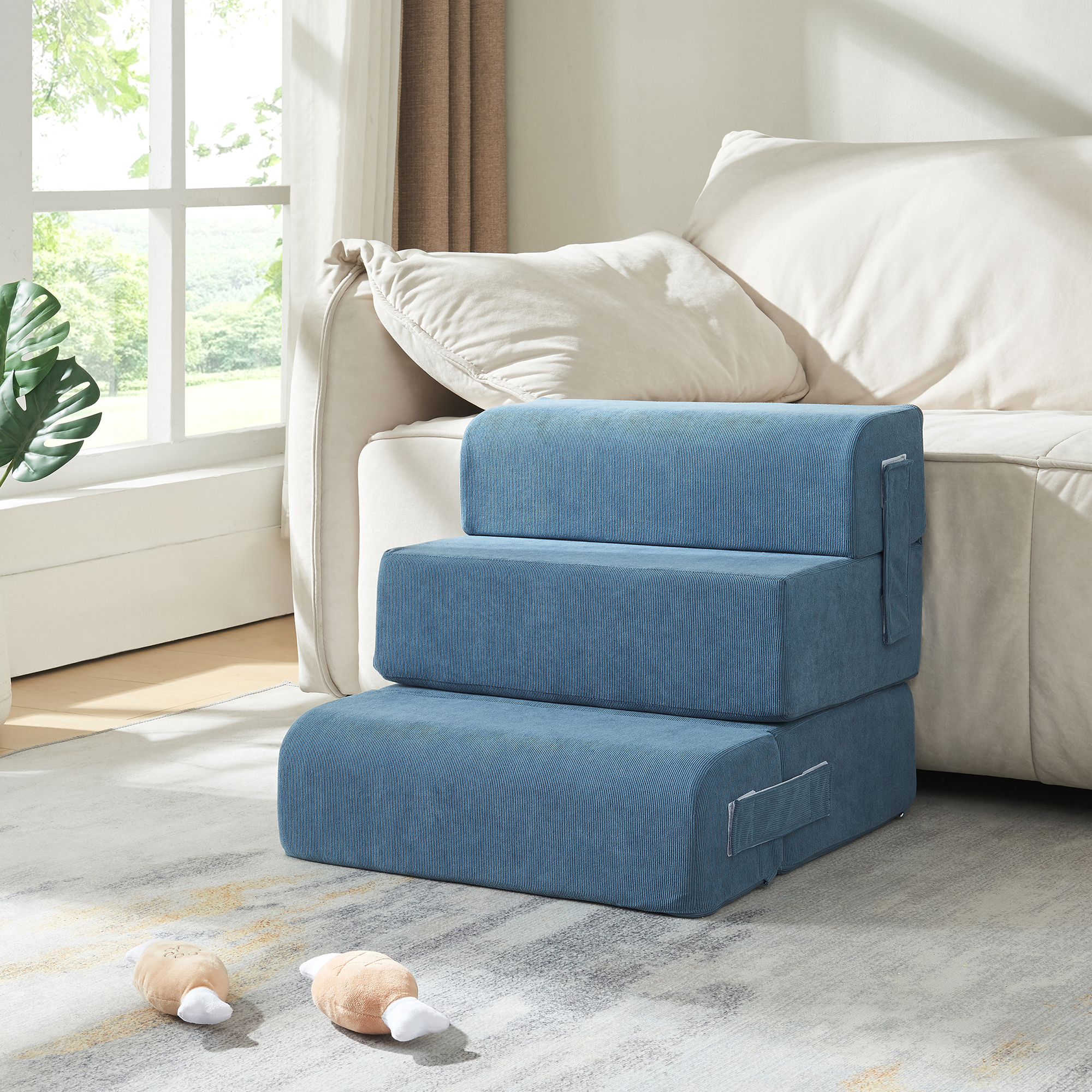 Trepte pentru animale de companie 4 piese, catifea reiata albastra