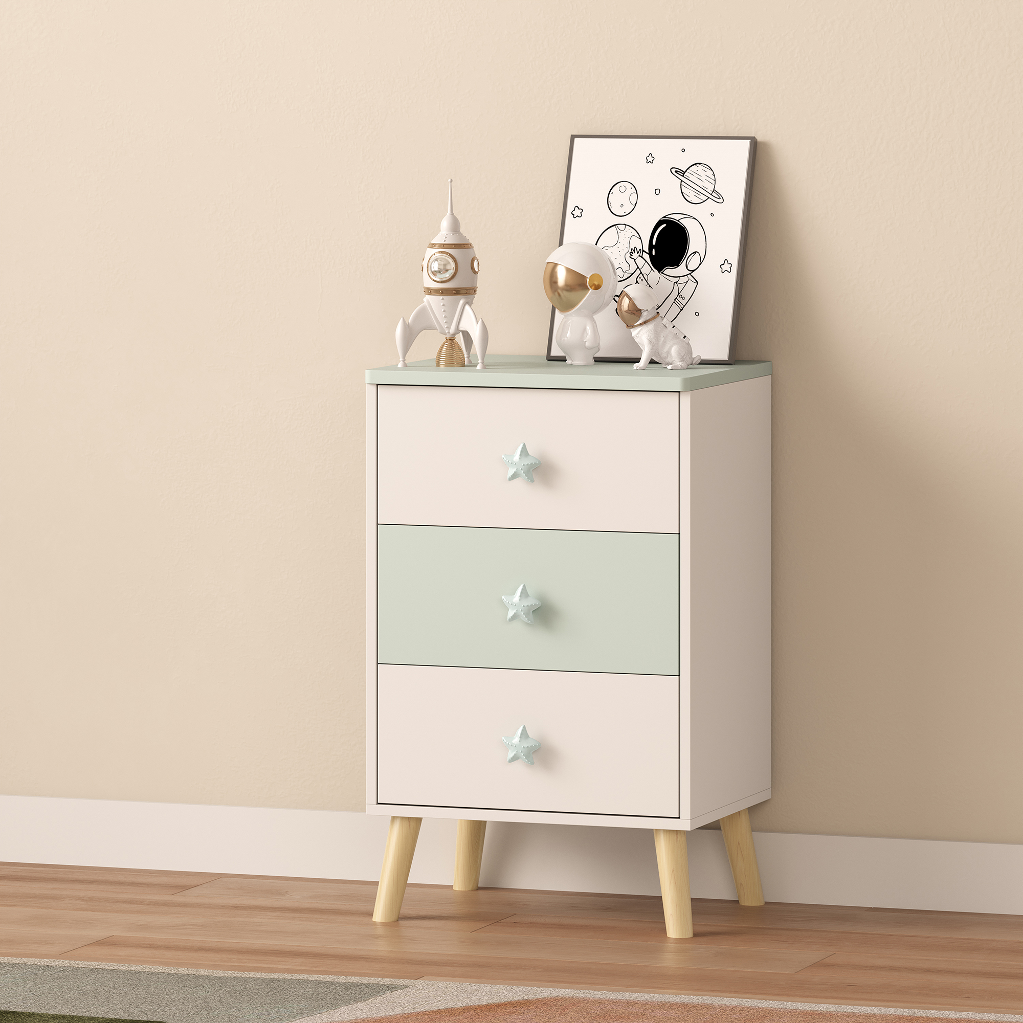 Comodă copii Sandnes cu 3 sertare, alb și verde mentă, 62x38x30 cm