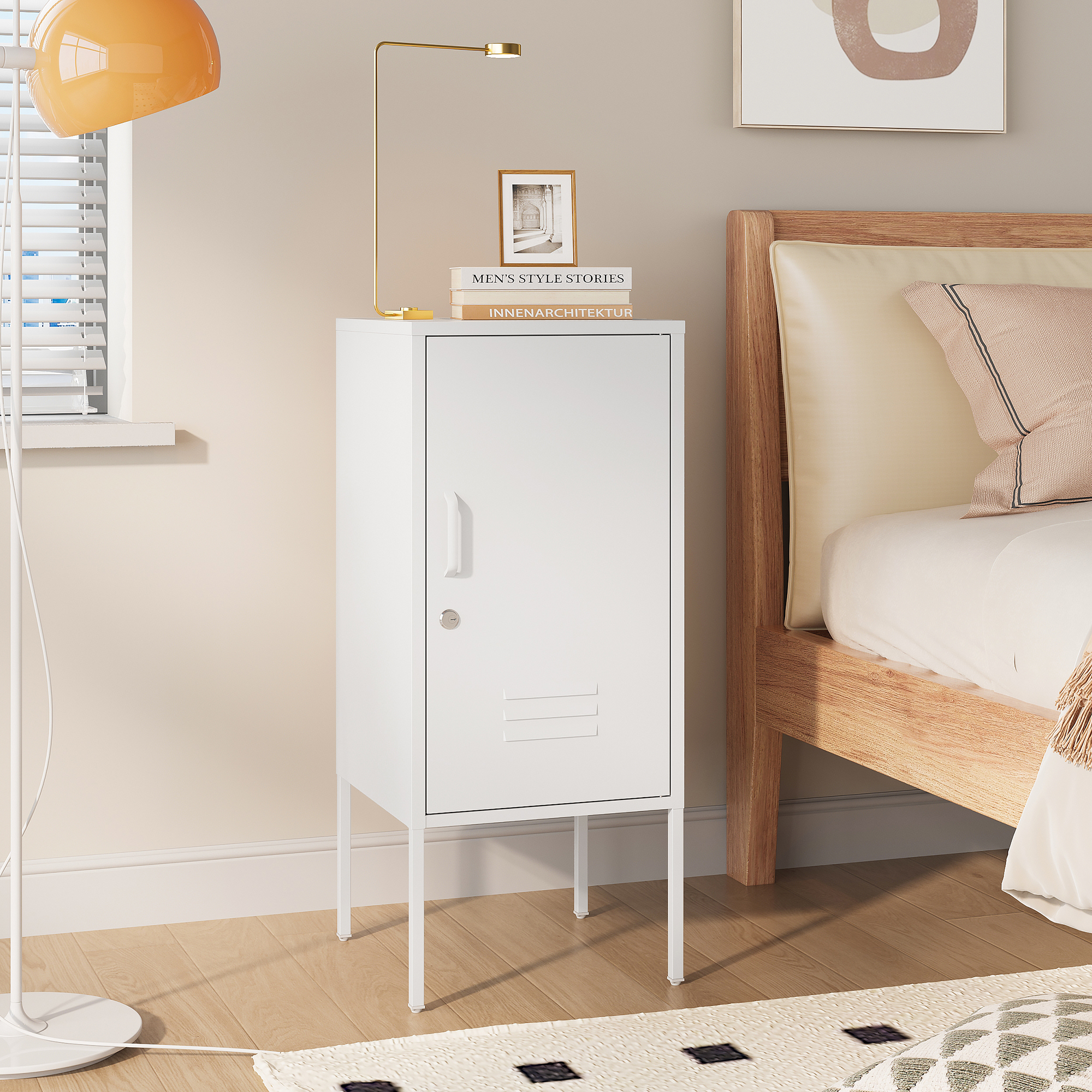 Noptieră metalică albă cu ușă încuiabilă și raft, 82x35x35 cm