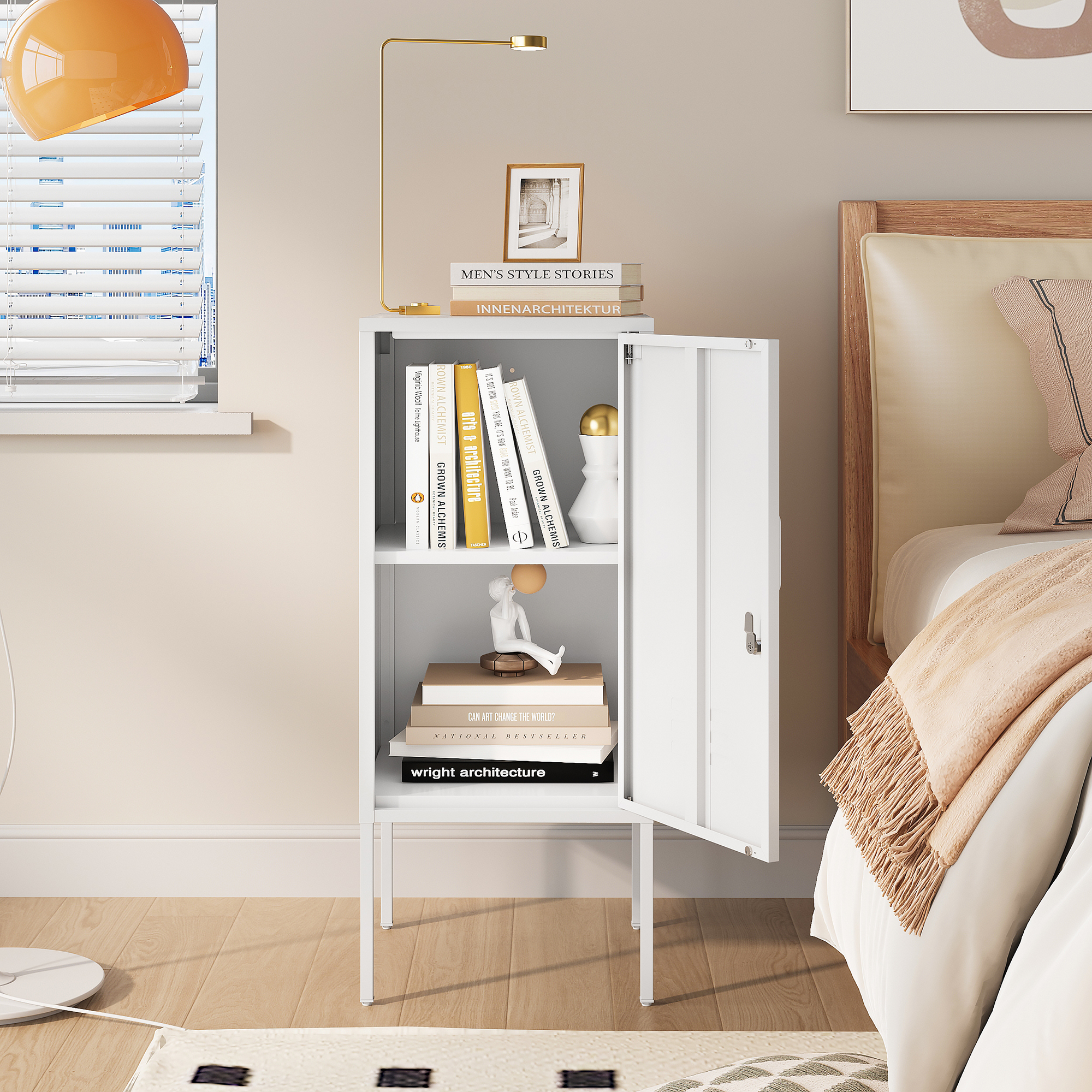 Noptieră metalică albă cu ușă încuiabilă și raft, 82x35x35 cm