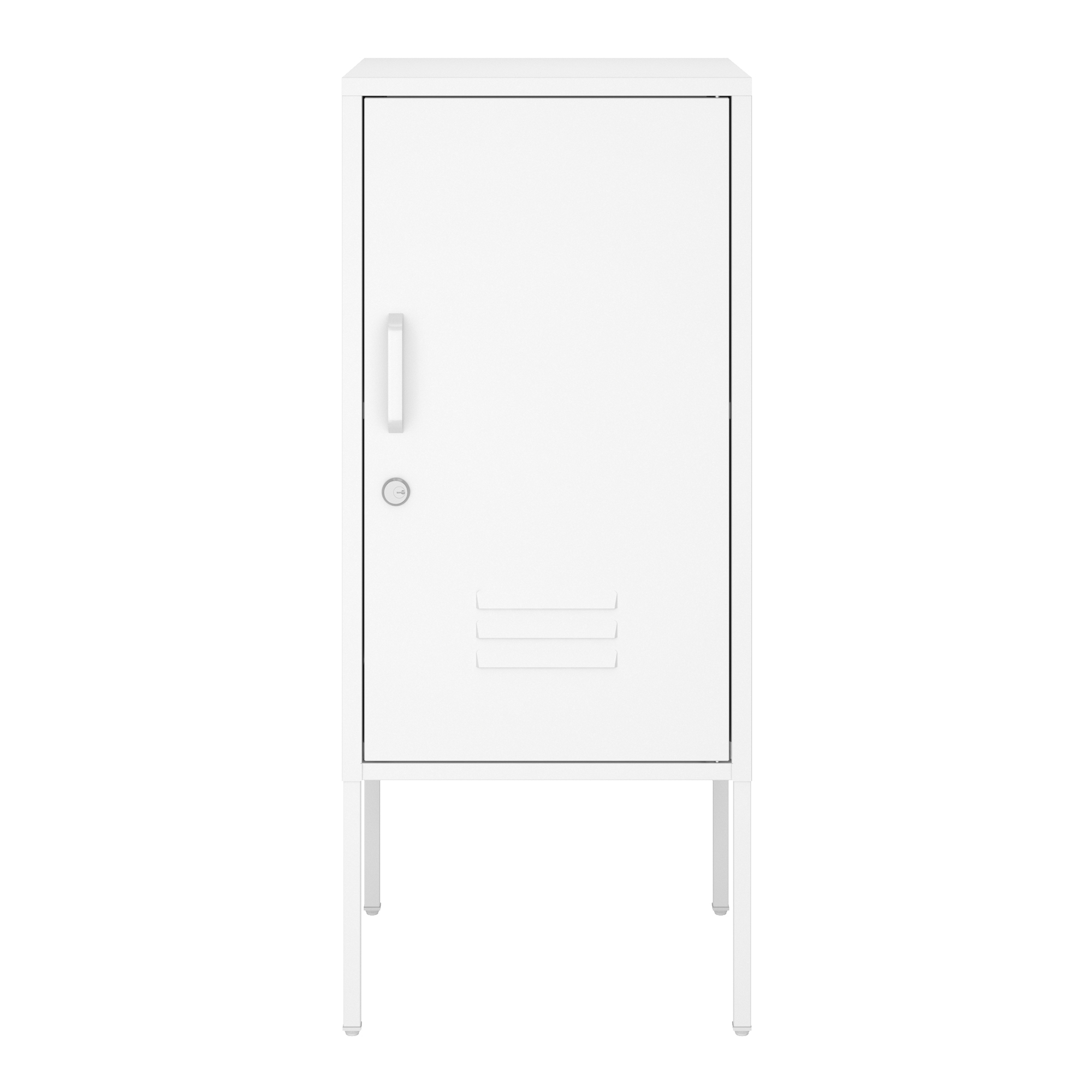 Noptieră metalică albă cu ușă încuiabilă și raft, 82x35x35 cm