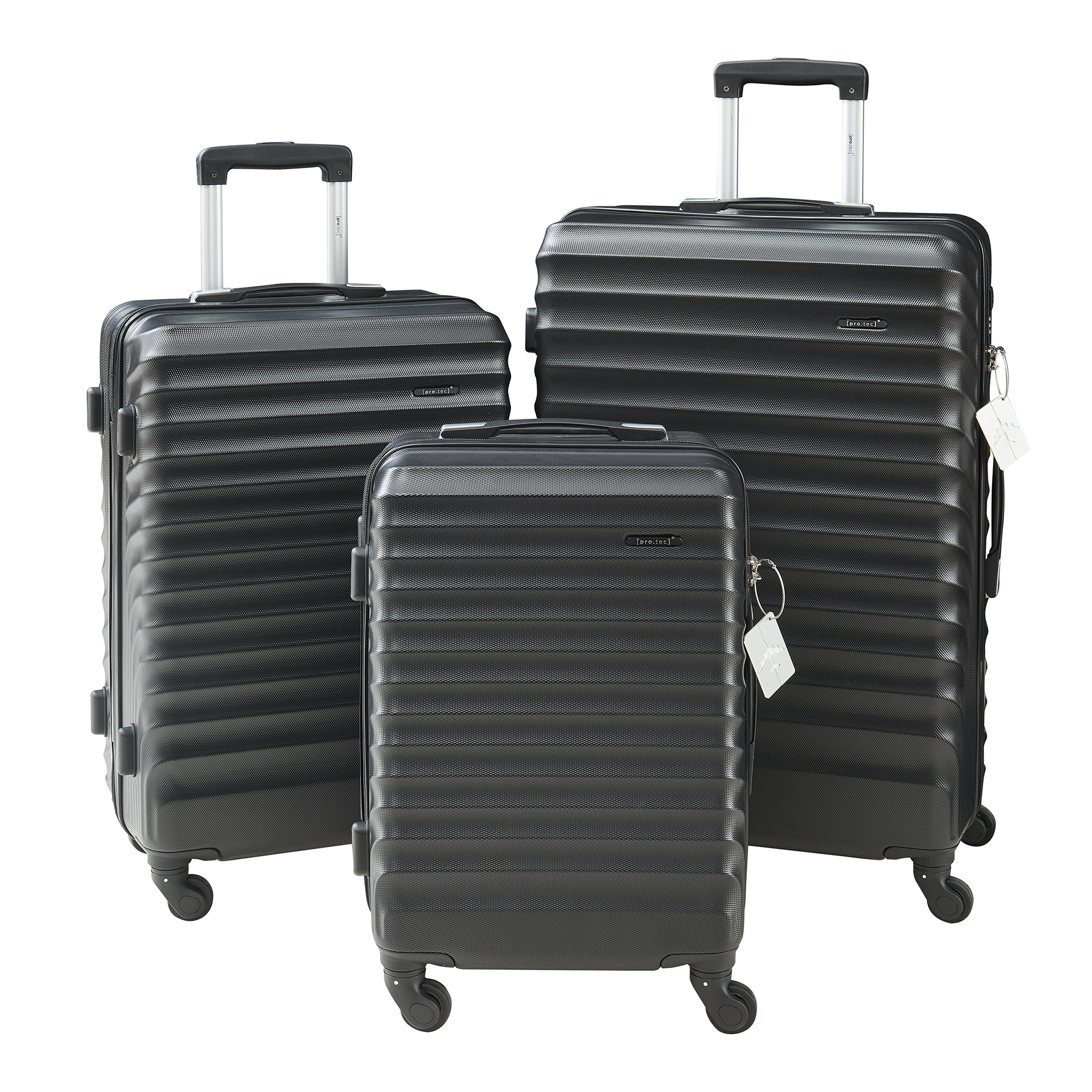 Set 3 trolere de călătorie Pona ABS negre cu lacăt TSA și roți 360°