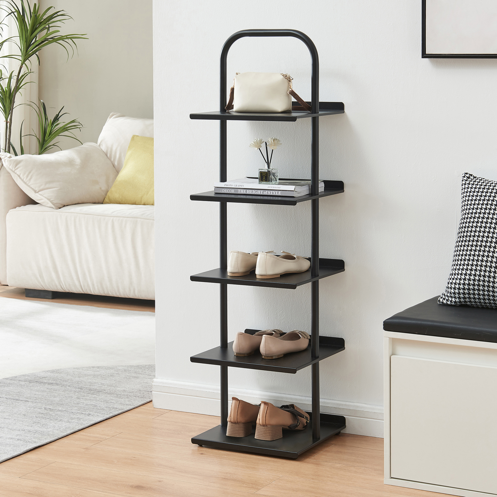 Pantofar metalic Poytya cu 5 rafturi, 119x34x32 cm, negru