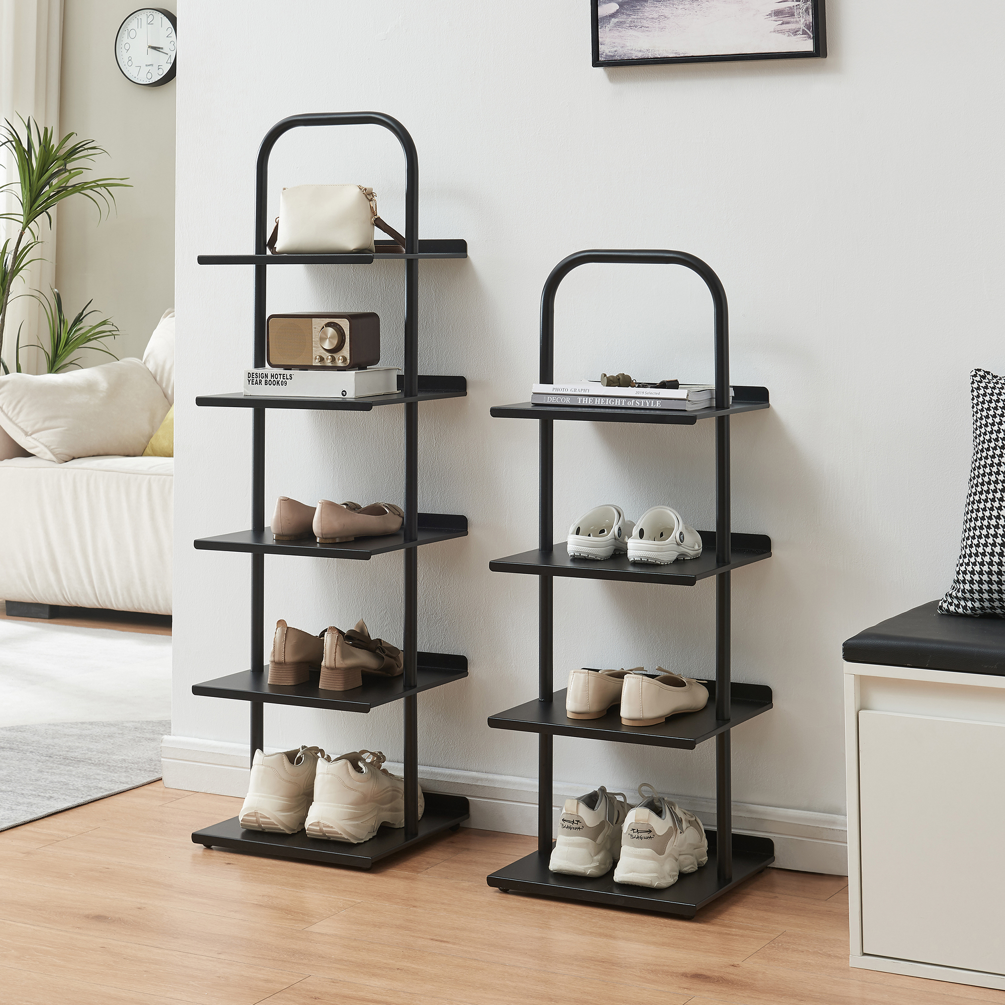 Pantofar metalic Poytya cu 5 rafturi, 119x34x32 cm, negru