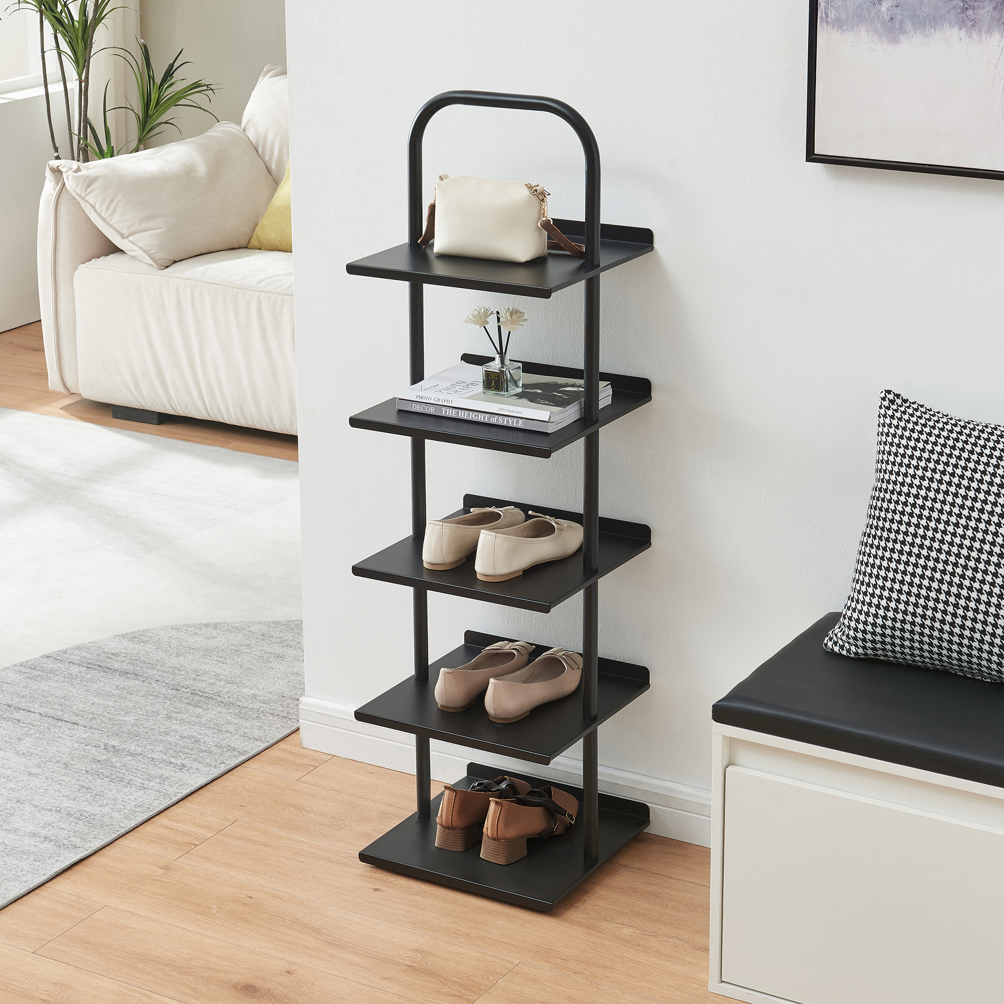 Pantofar metalic Poytya cu 5 rafturi, 119x34x32 cm, negru