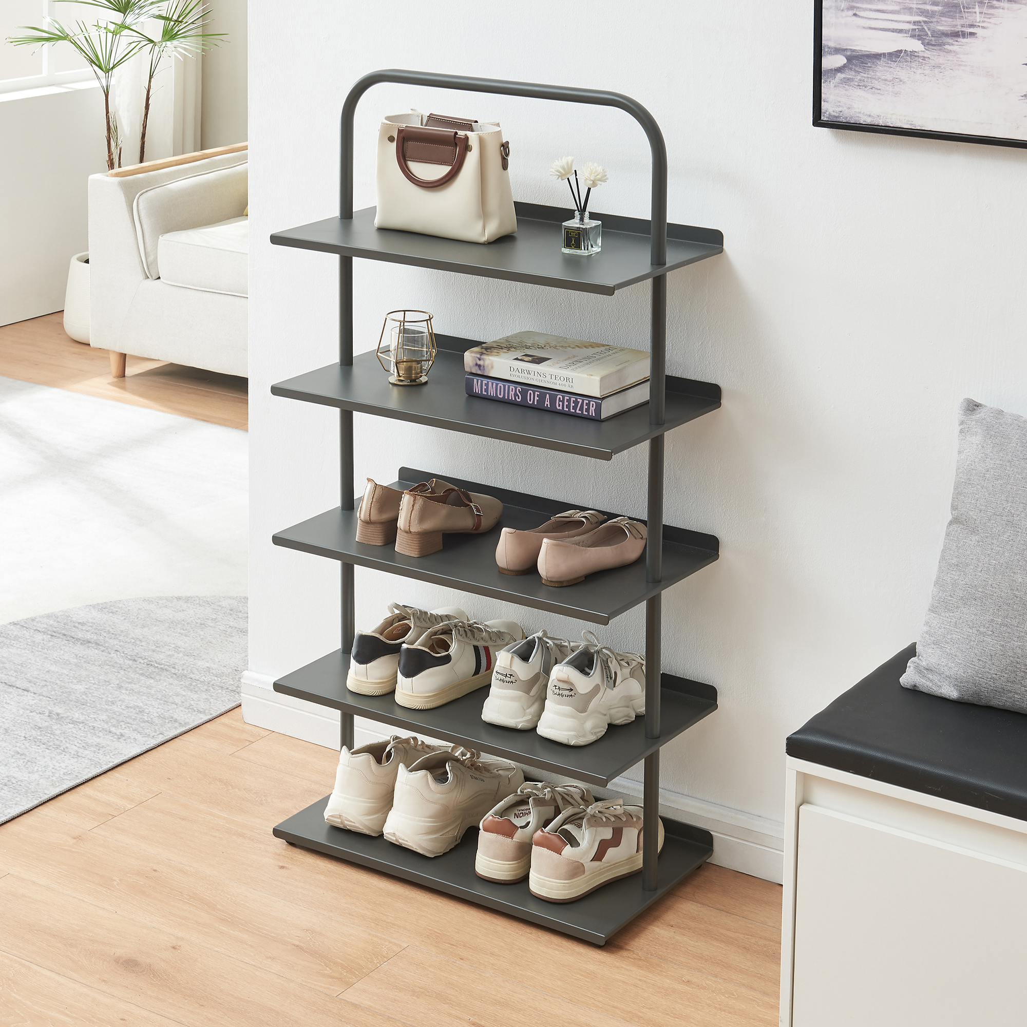 Pantofar metalic Poytya cu 5 polite, antracit, 119x60x32 cm