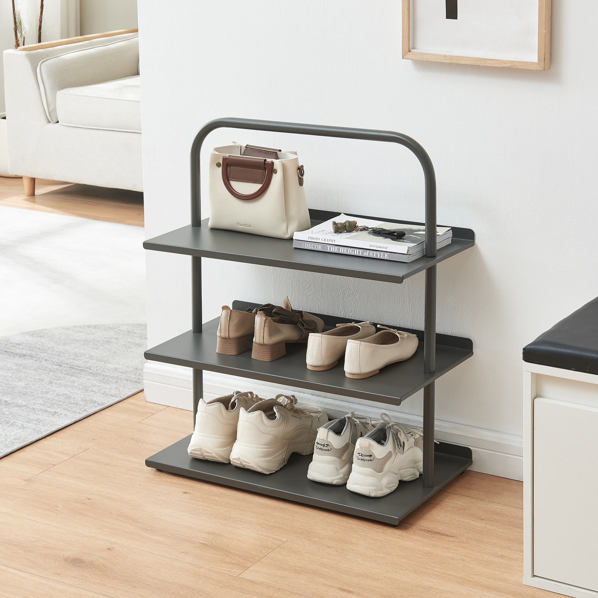 Raft pentru pantofi Poytya din otel, 3 polite, antracit, 73x60x32 cm