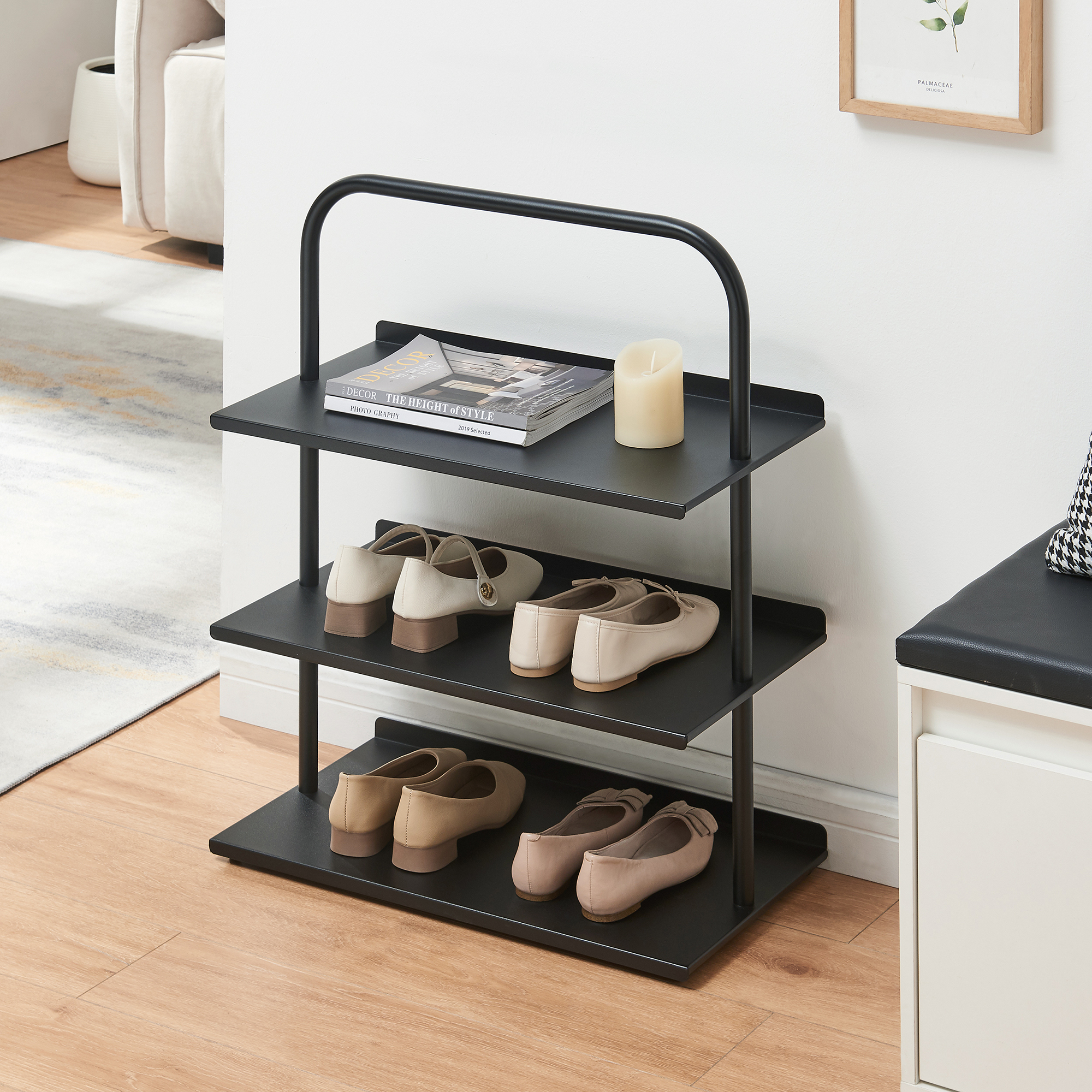 Raft pentru pantofi din otel Poytya, 3 polite, negru, 73x60x32 cm