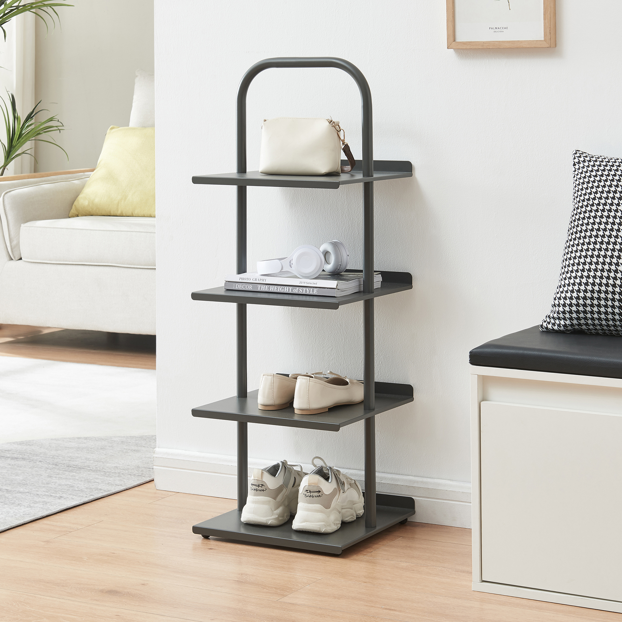 Pantofar metalic Poytya cu 4 polite, 96x34x32 cm, antracit