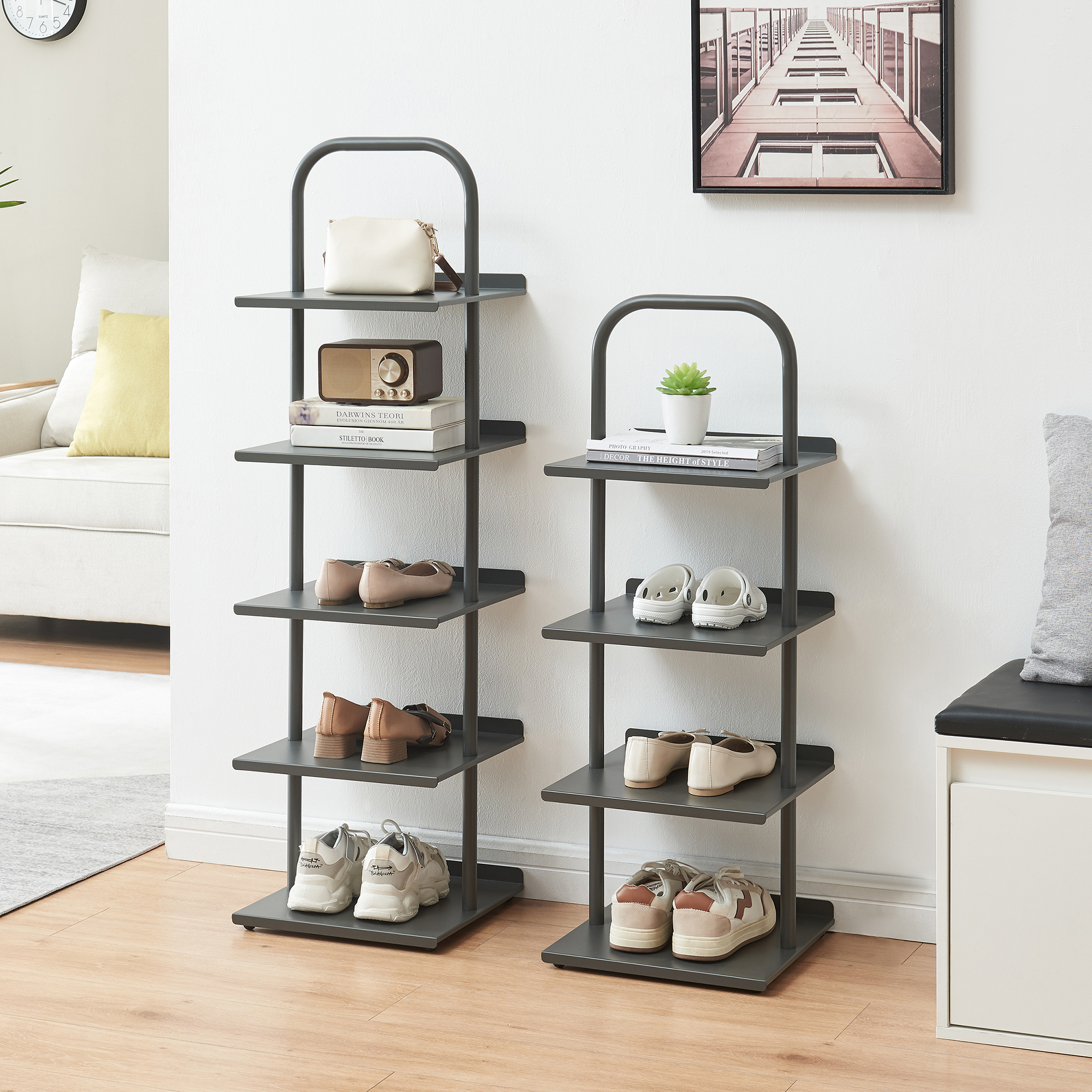 Pantofar metalic Poytya cu 4 polite, 96x34x32 cm, antracit