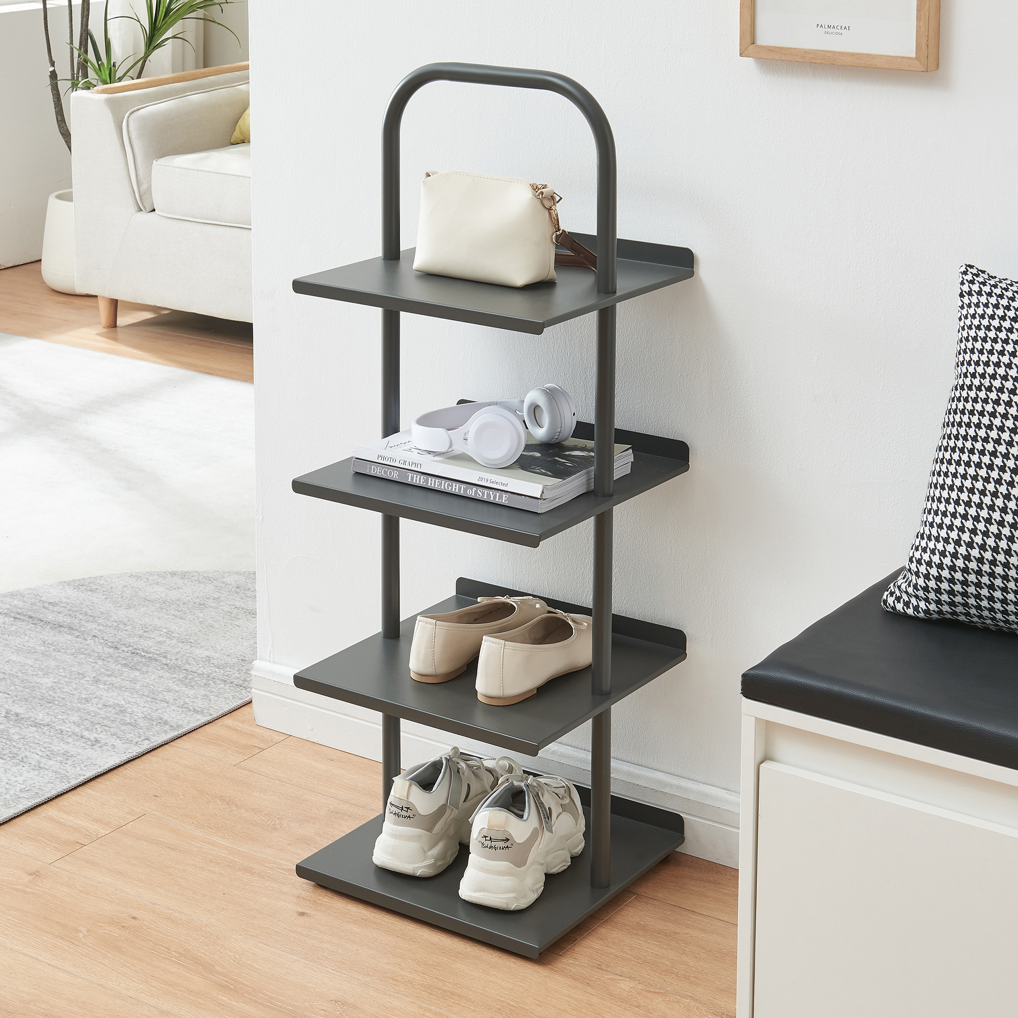 Pantofar metalic Poytya cu 4 polite, 96x34x32 cm, antracit