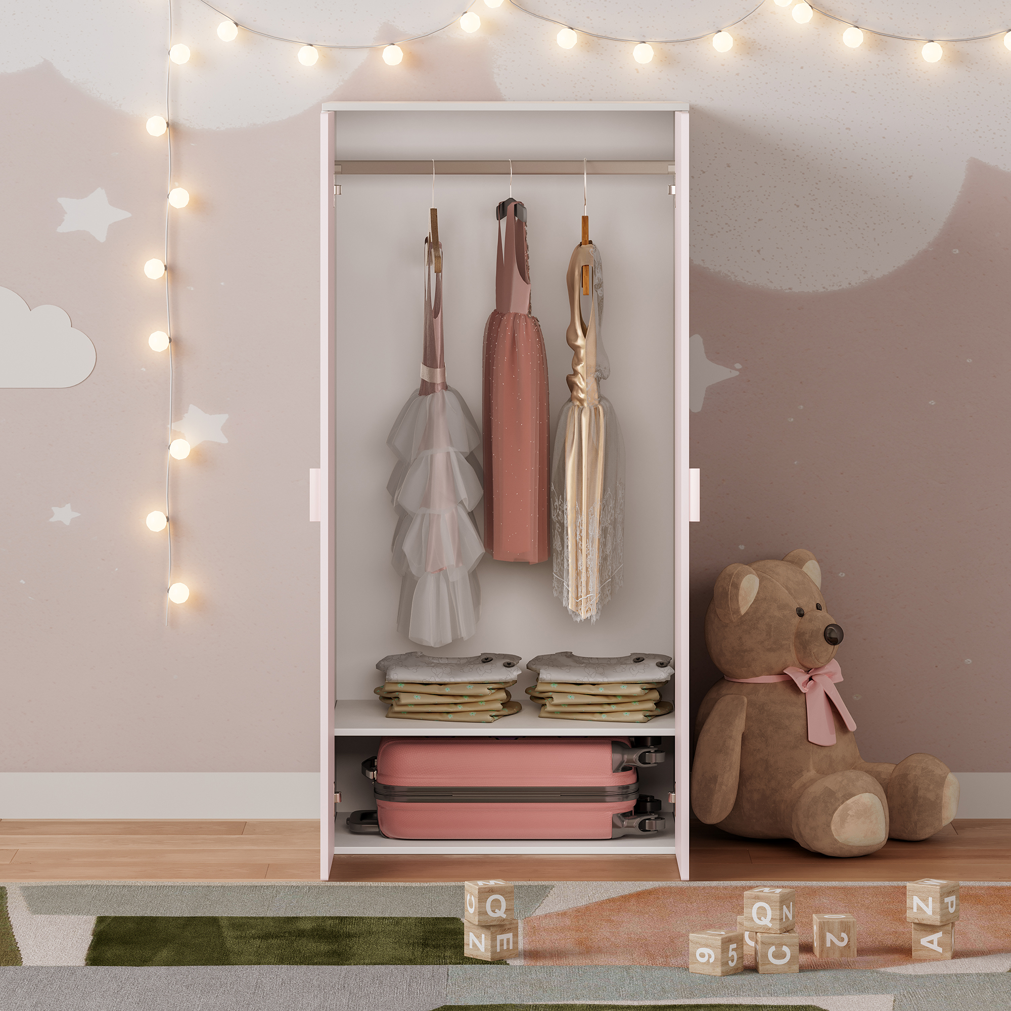 Dulap pentru copii Sandnes 123x60x40 cm alb/roz, 2 uși