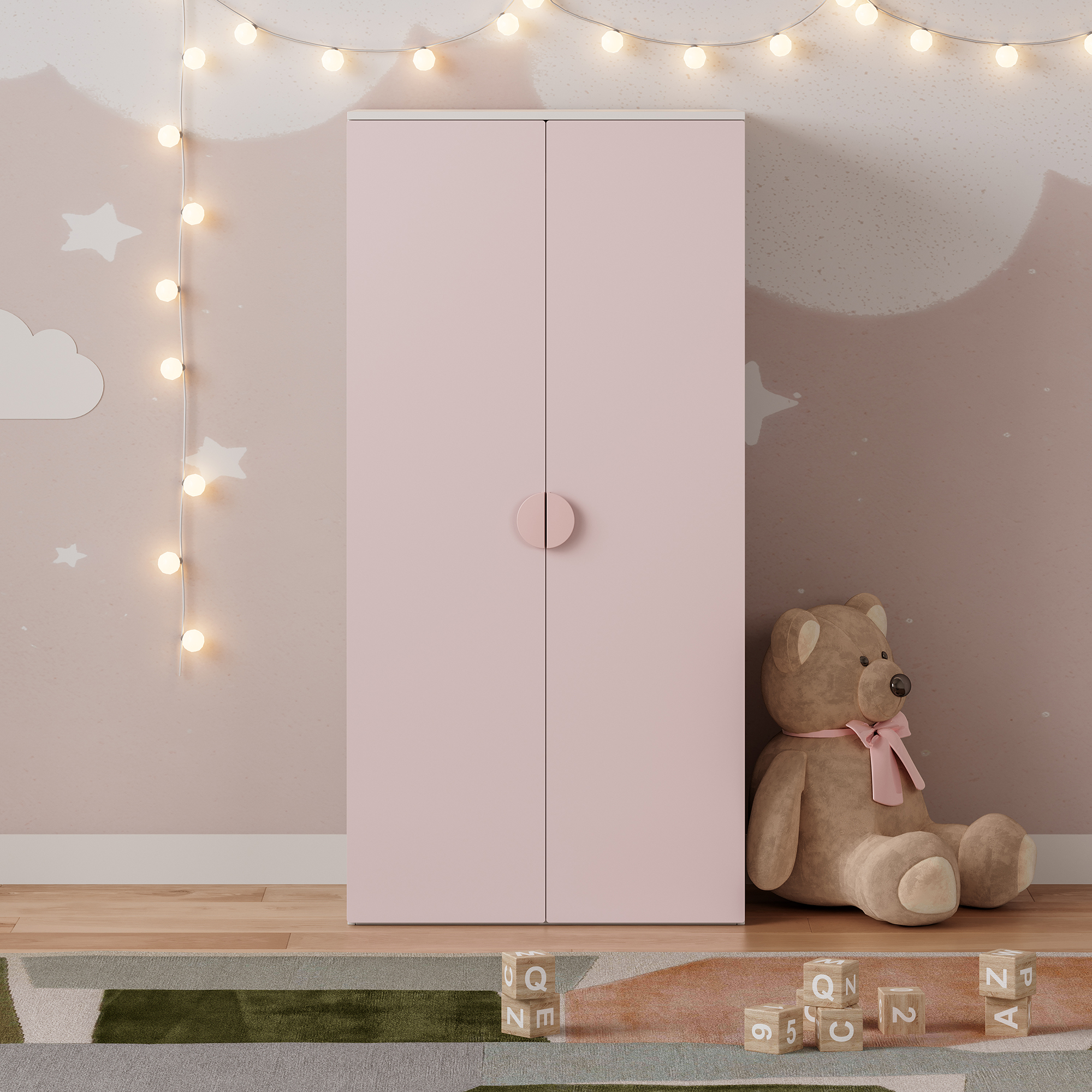 Dulap pentru copii Sandnes 123x60x40 cm alb/roz, 2 uși