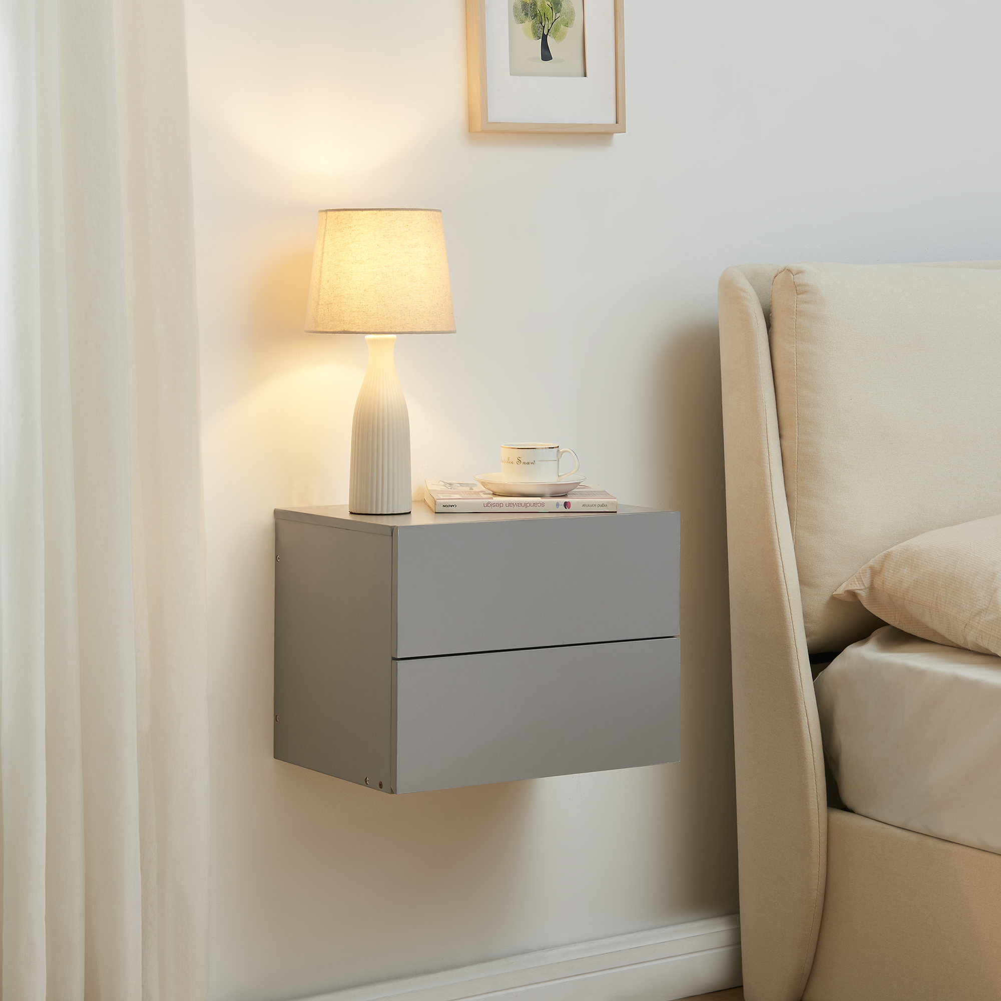 Noptieră suspendată Ampfing cu 2 sertare, gri deschis, en.casa