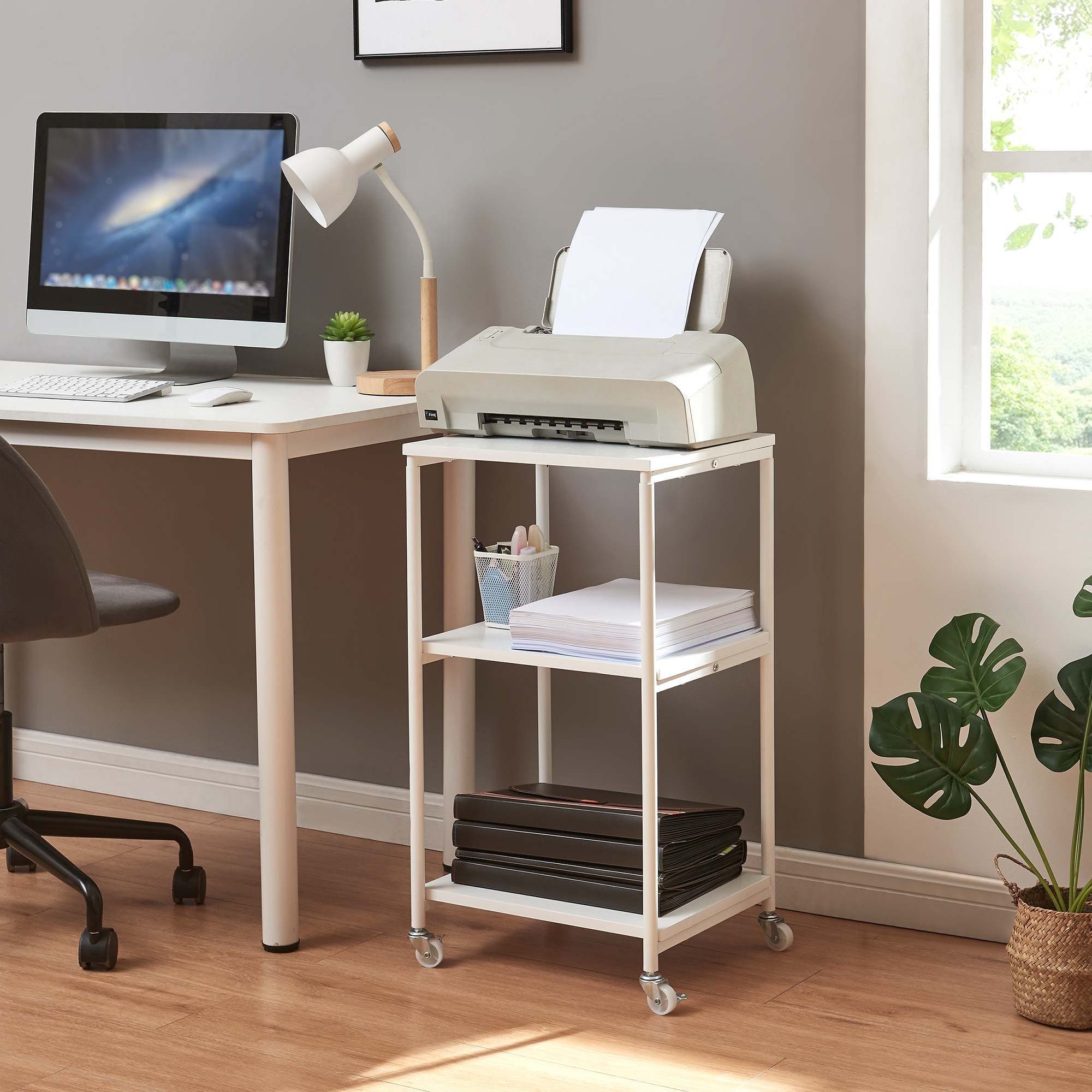 Masă mobilă pentru imprimantă Janertu cu 3 rafturi, reglabilă, albă