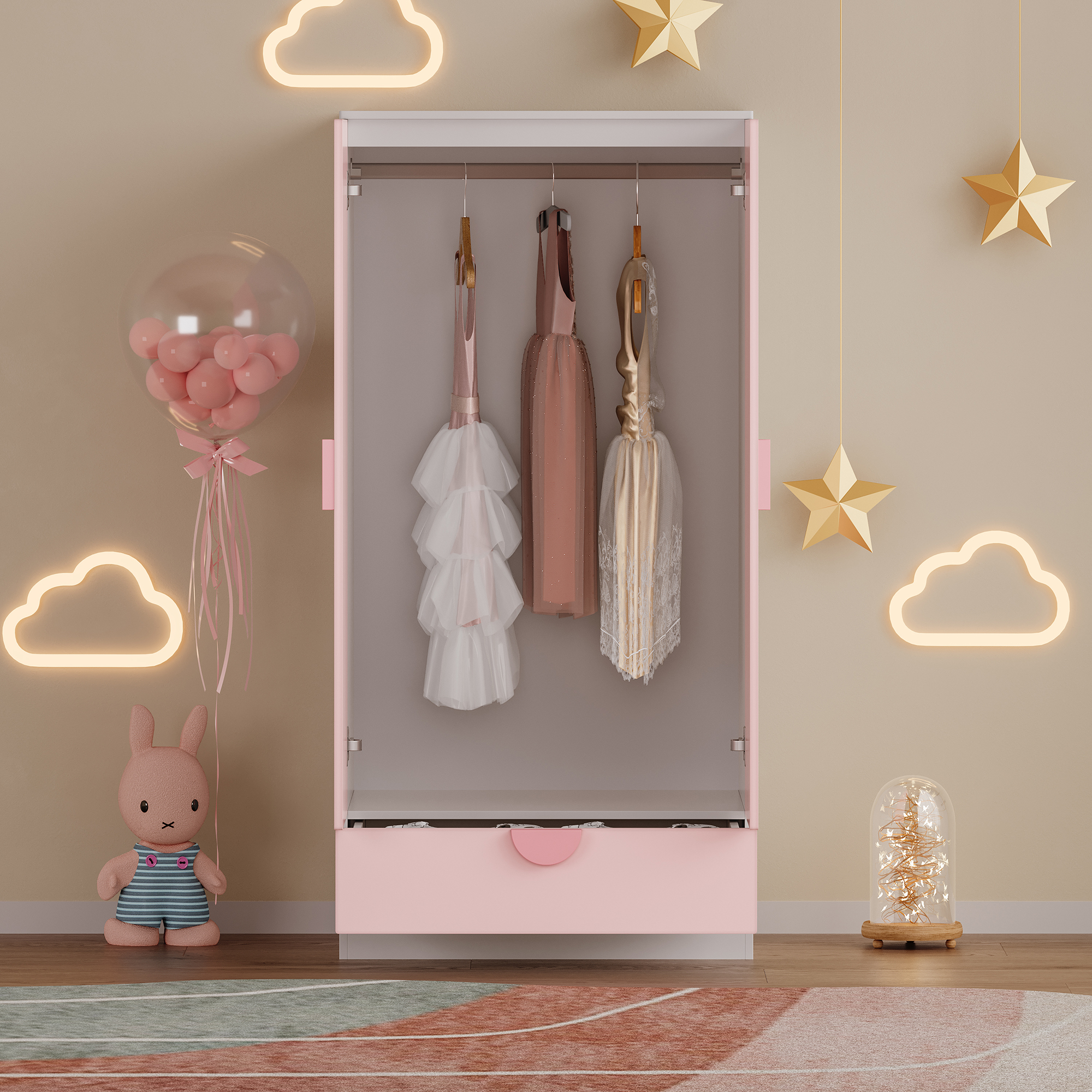 Dulap pentru copii Sandnes roz cu sertar, 123x60x40 cm