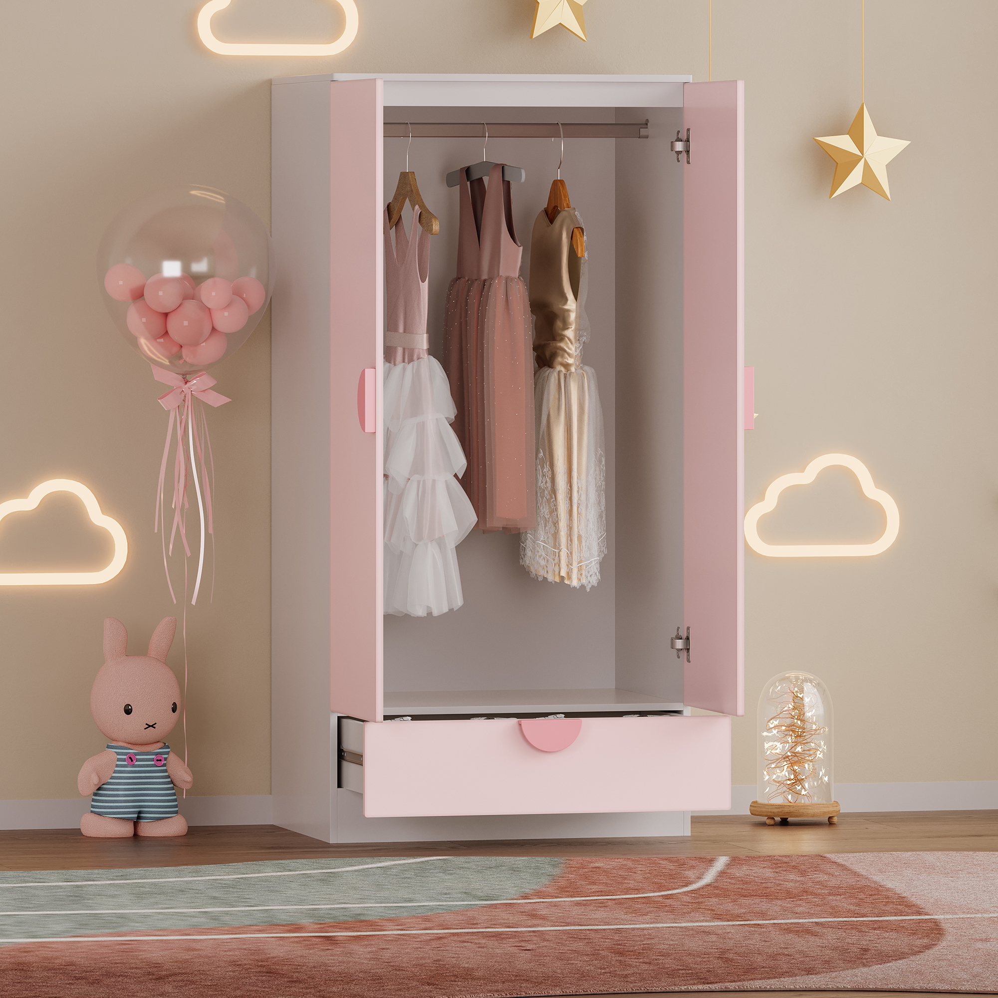 Dulap pentru copii Sandnes roz cu sertar, 123x60x40 cm