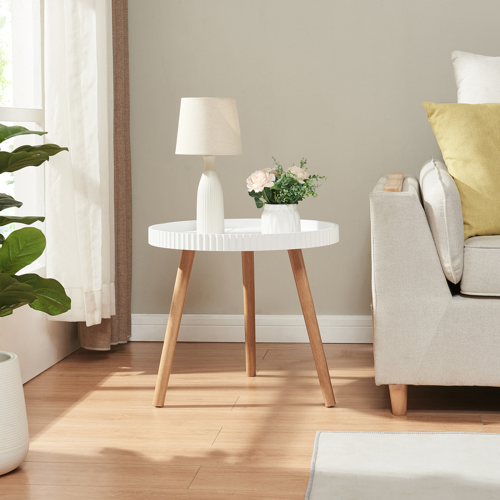 Masuta laterala Bongard alba Ø50x45 cm cu picioare din bambus