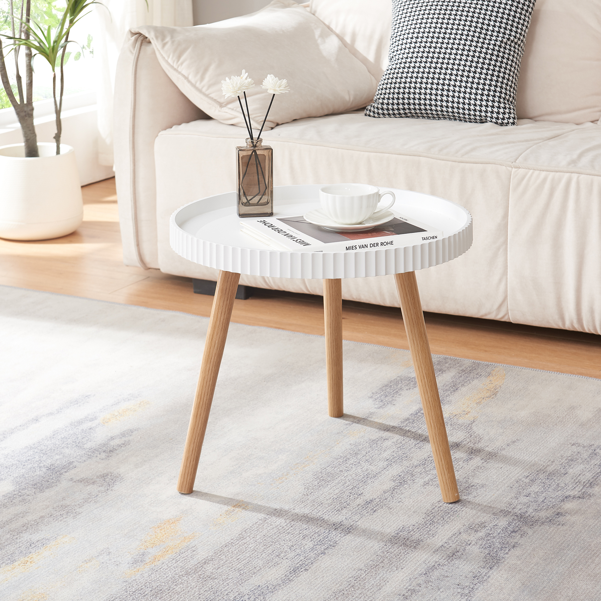 Masuta laterala Bongard alba Ø50x45 cm cu picioare din bambus