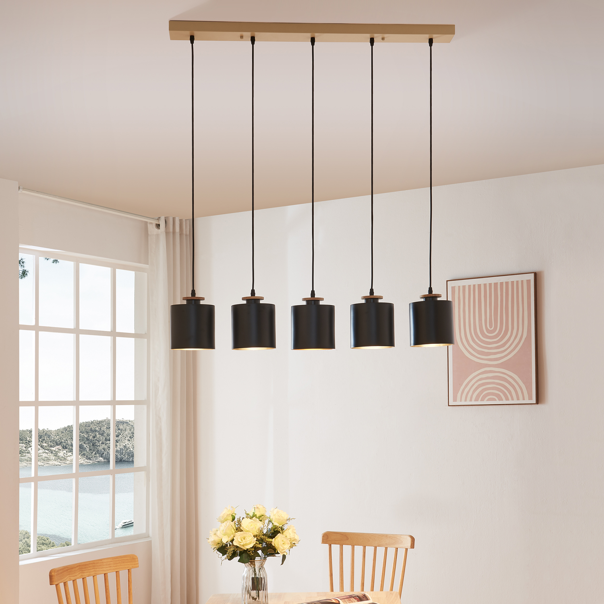 Lustră suspendată Posdand cu 5 becuri, lemn și negru, 130x90 cm