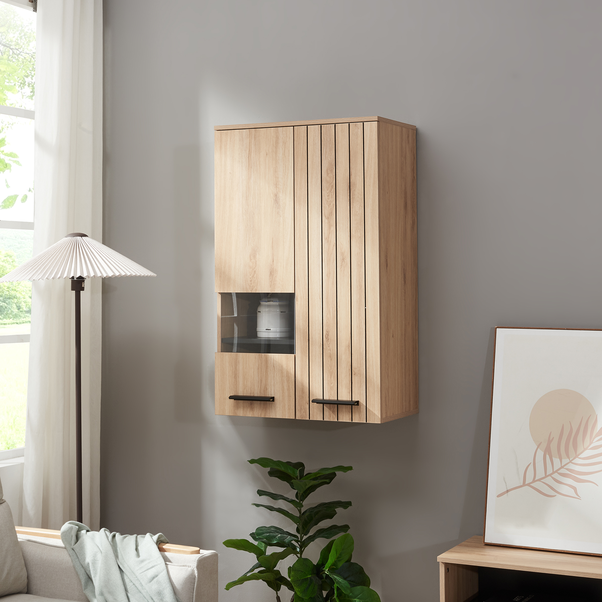 Dulap suspendat cu 2 uși și vitrină, aspect stejar, 98x60x35 cm