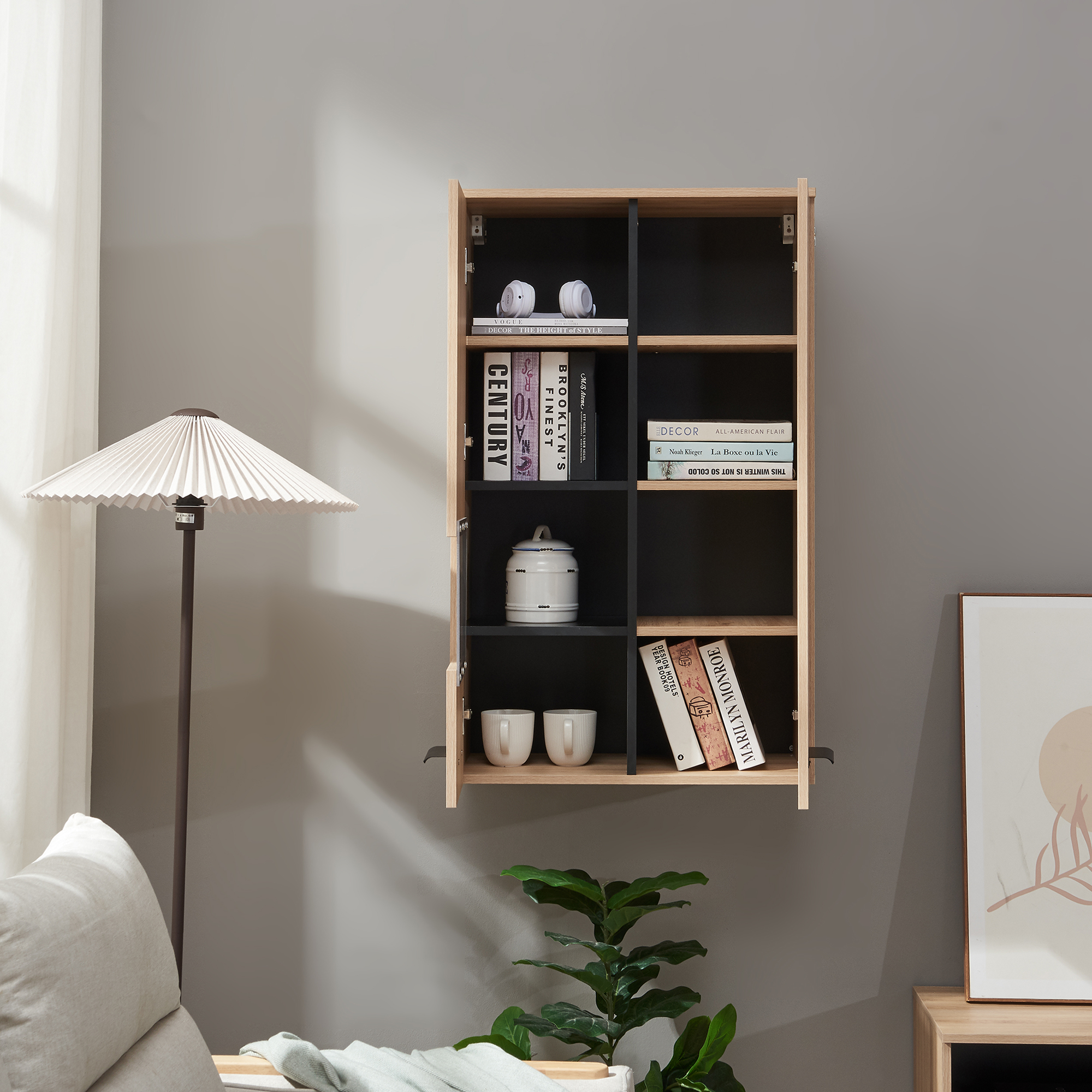 Dulap suspendat cu 2 uși și vitrină, aspect stejar, 98x60x35 cm