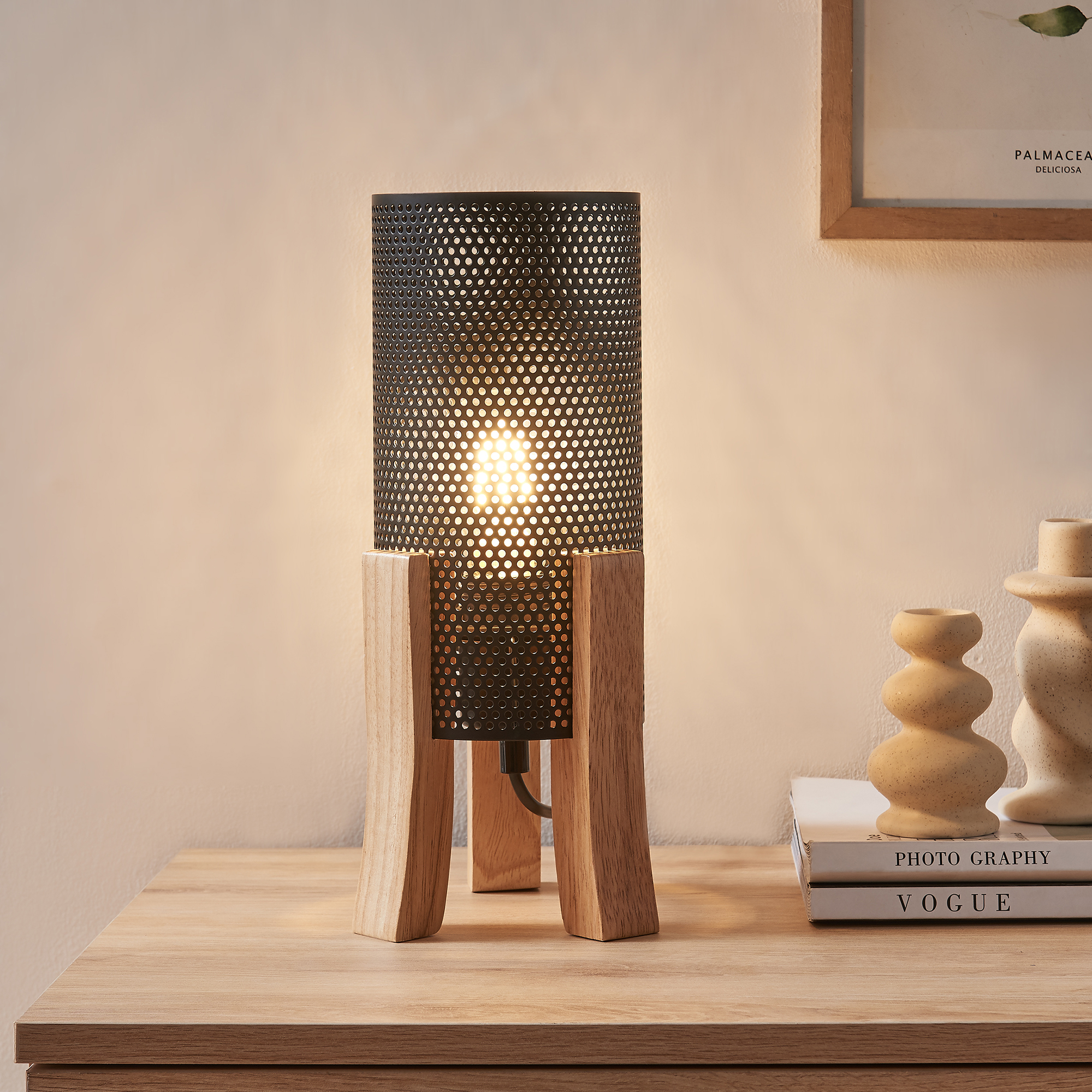 Lampă de masă Joelleldsvin din lemn și metal negru, 30x14x14 cm