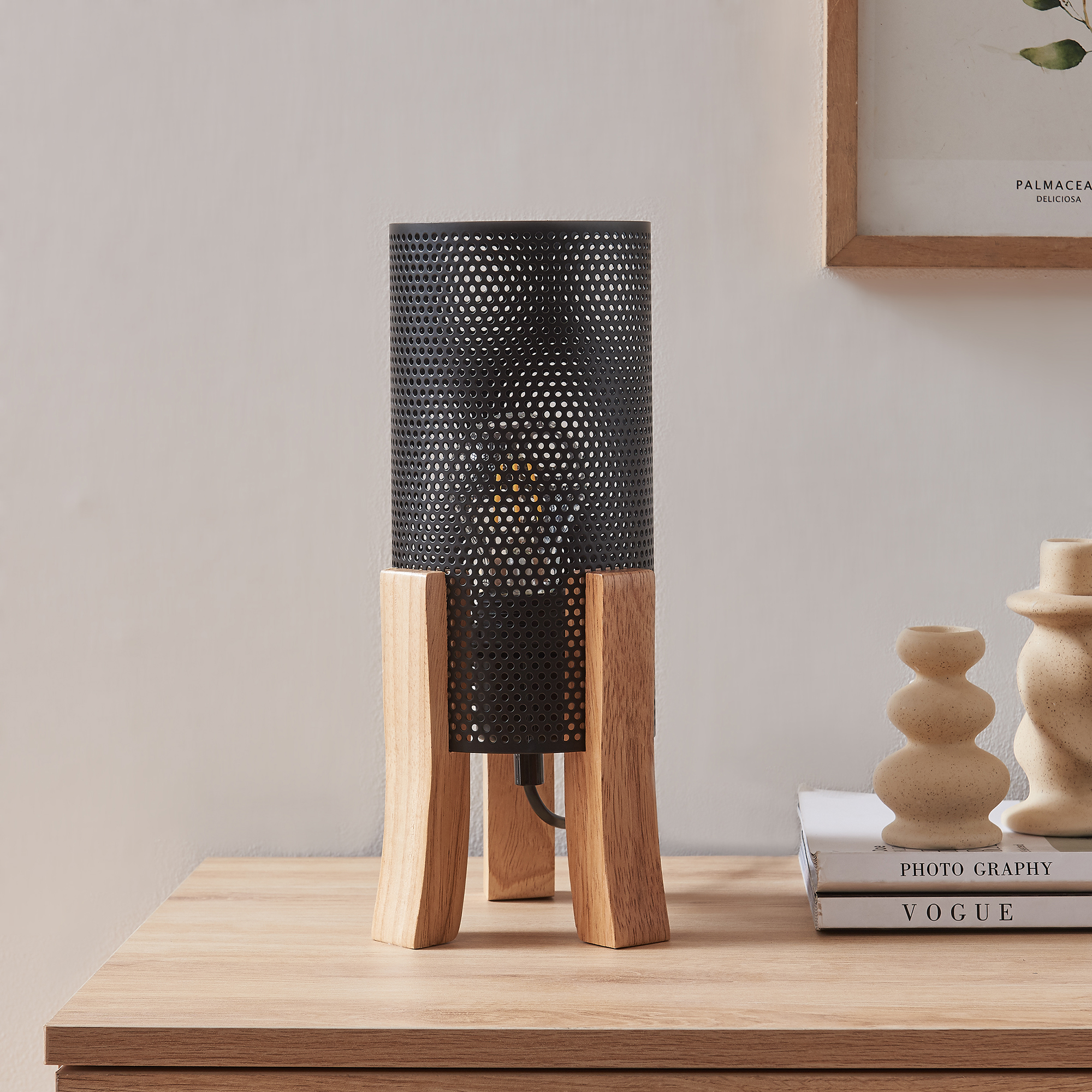 Lampă de masă Joelleldsvin din lemn și metal negru, 30x14x14 cm