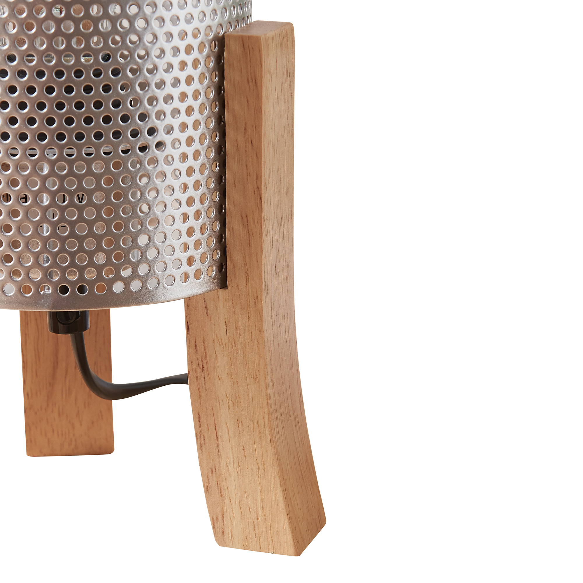 Lampă de masă Joelleldsvin cu abajur metalic argintiu și bază din lemn