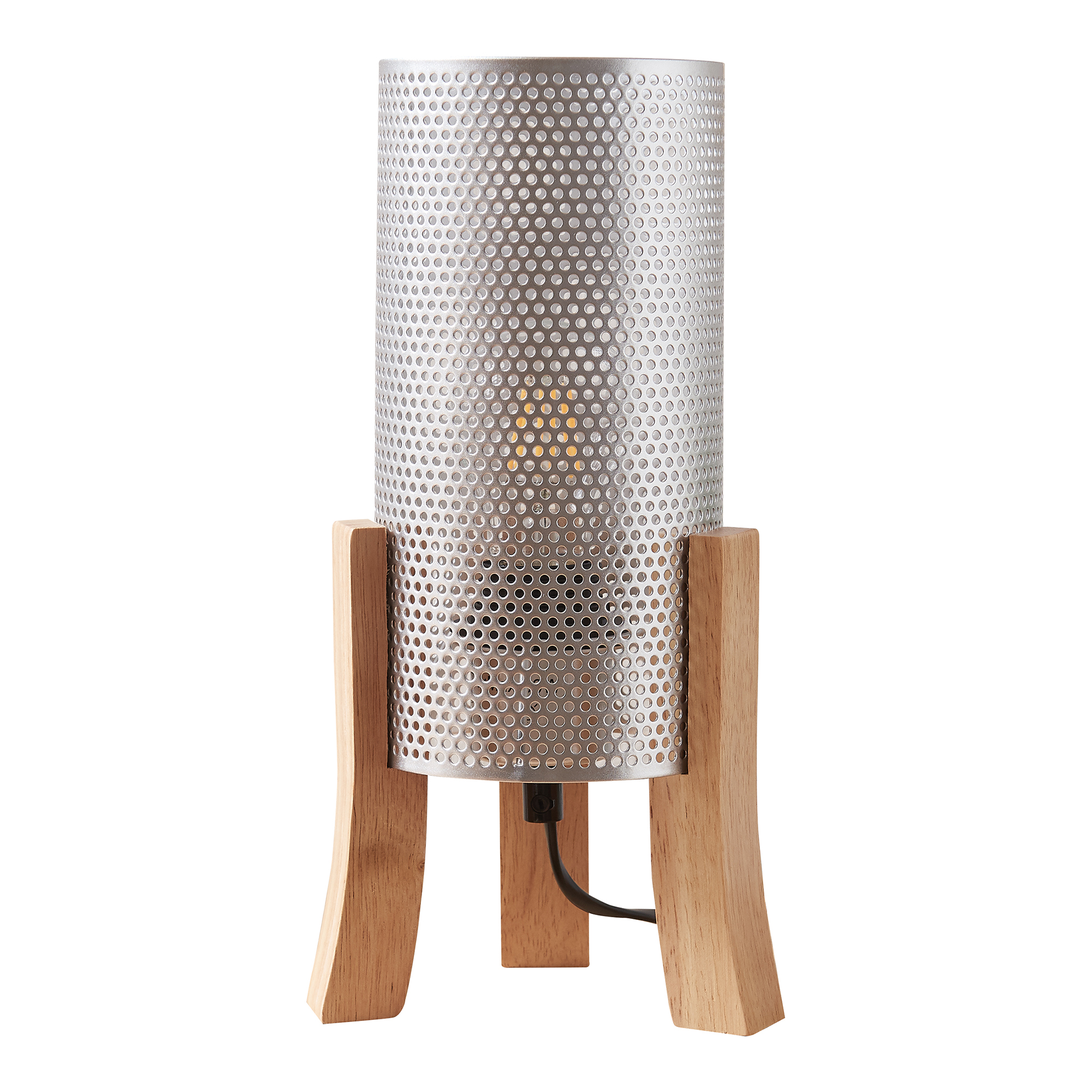 Lampă de masă Joelleldsvin cu abajur metalic argintiu și bază din lemn