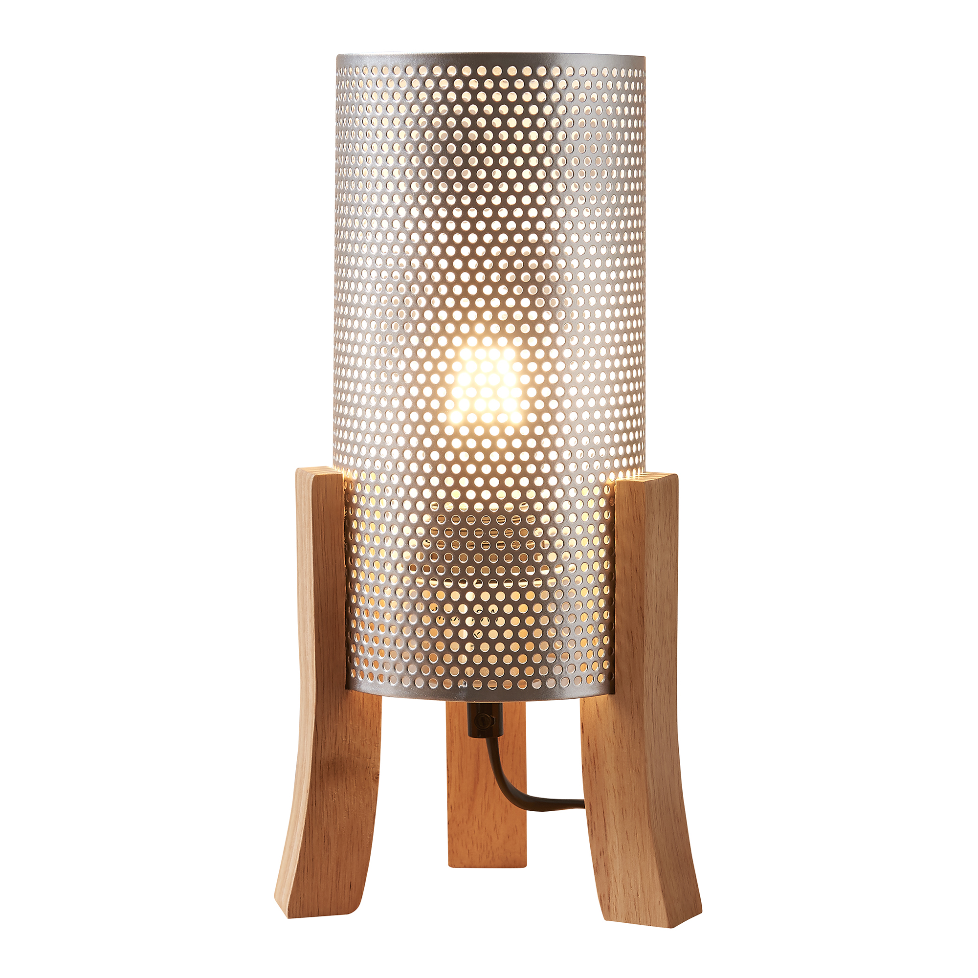 Lampă de masă Joelleldsvin cu abajur metalic argintiu și bază din lemn