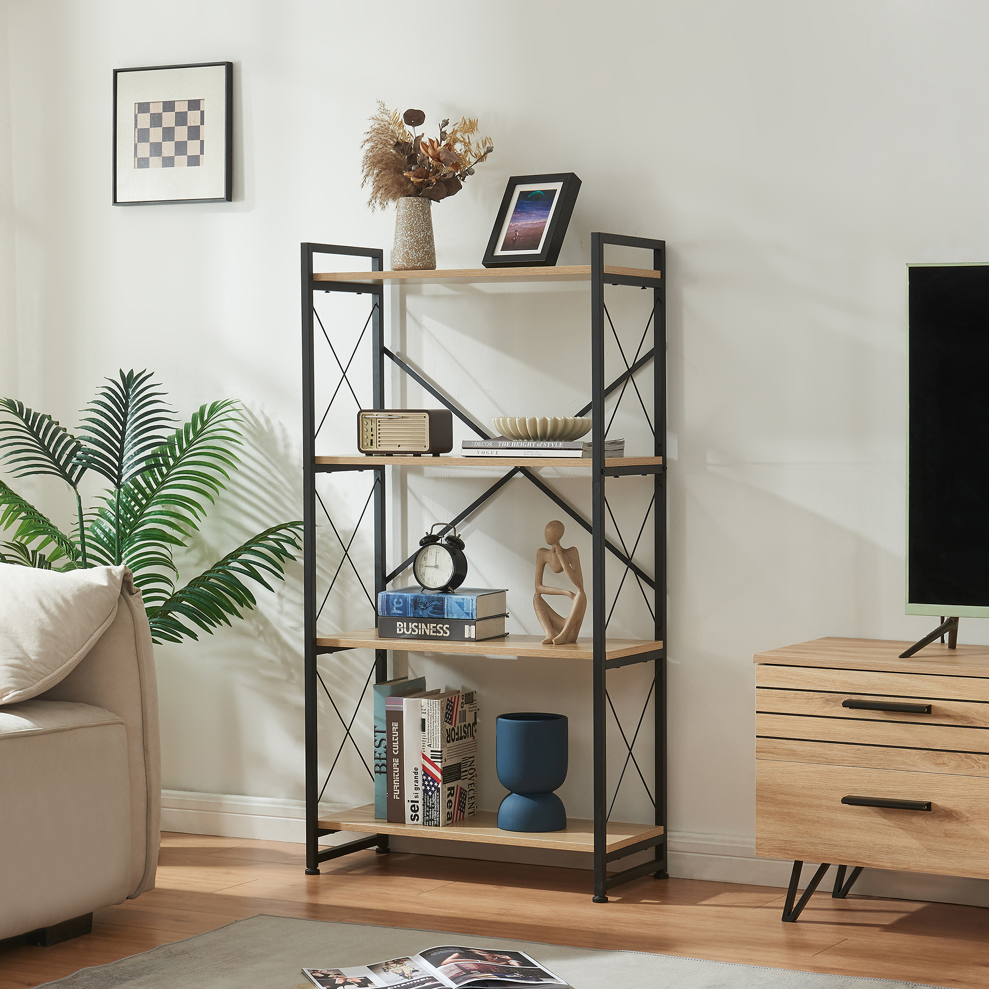 Bibliotecă Skørping cu 4 polițe, negru și aspect stejar, 125x65x30 cm