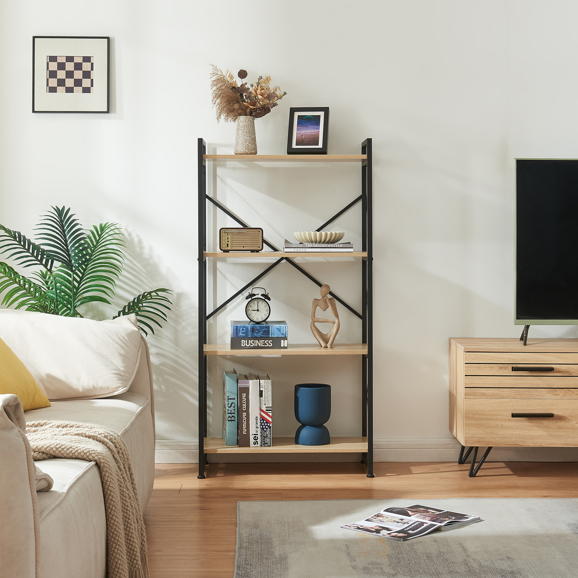 Bibliotecă Skørping cu 4 polițe, negru și aspect stejar, 125x65x30 cm