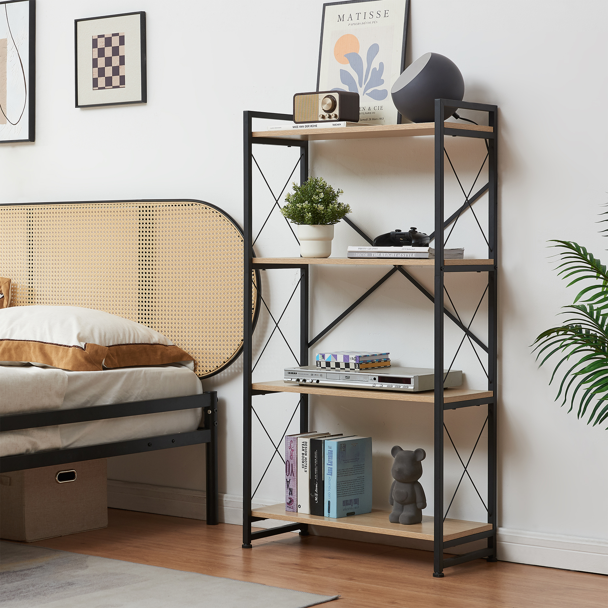 Bibliotecă Skørping cu 4 polițe, negru și aspect stejar, 125x65x30 cm