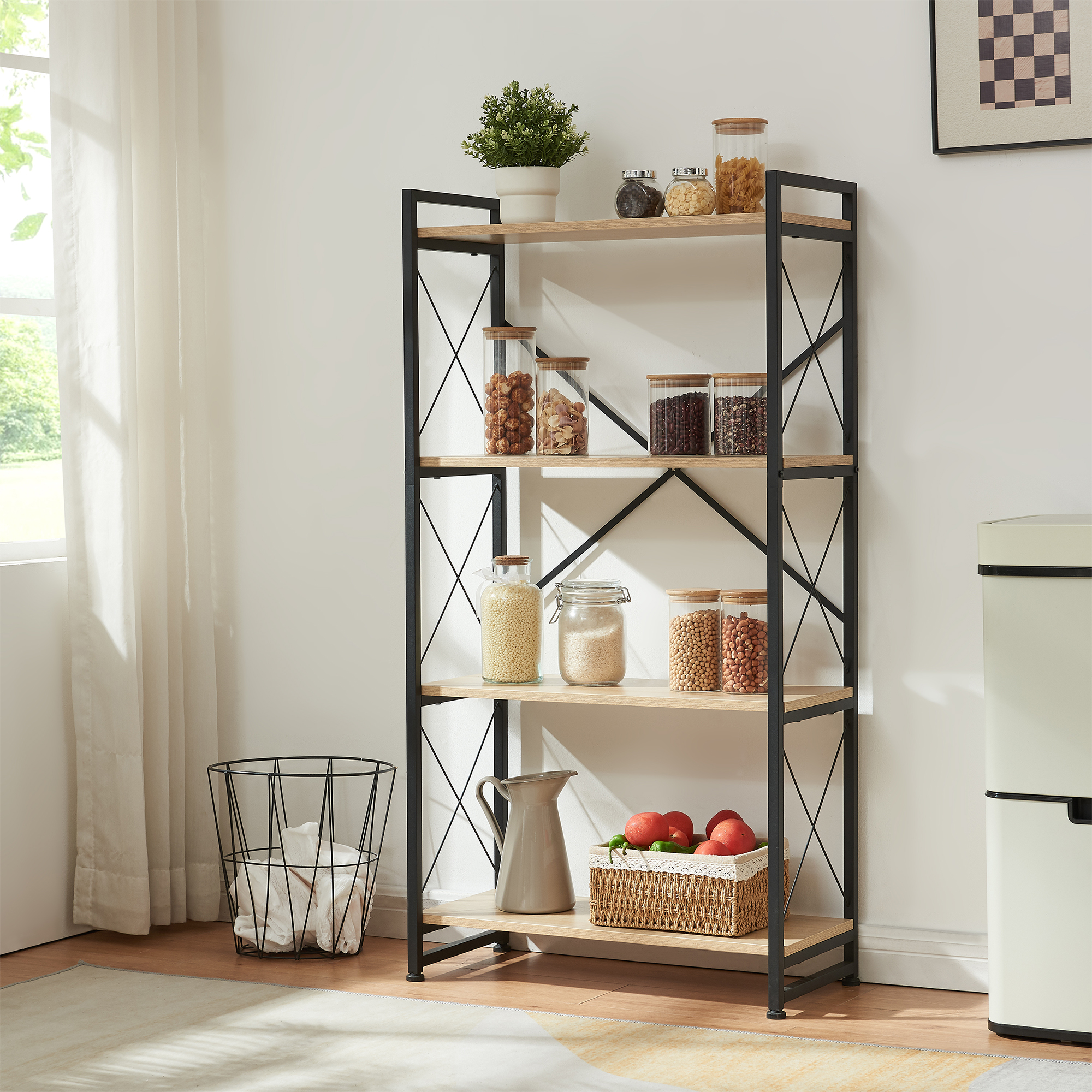 Bibliotecă Skørping cu 4 polițe, negru și aspect stejar, 125x65x30 cm