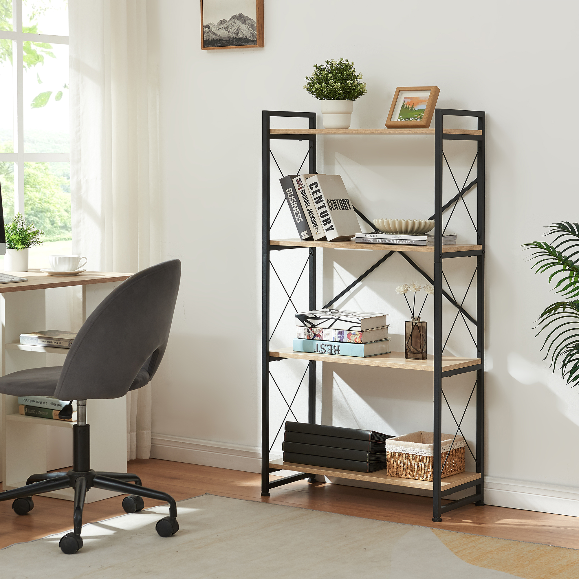 Bibliotecă Skørping cu 4 polițe, negru și aspect stejar, 125x65x30 cm