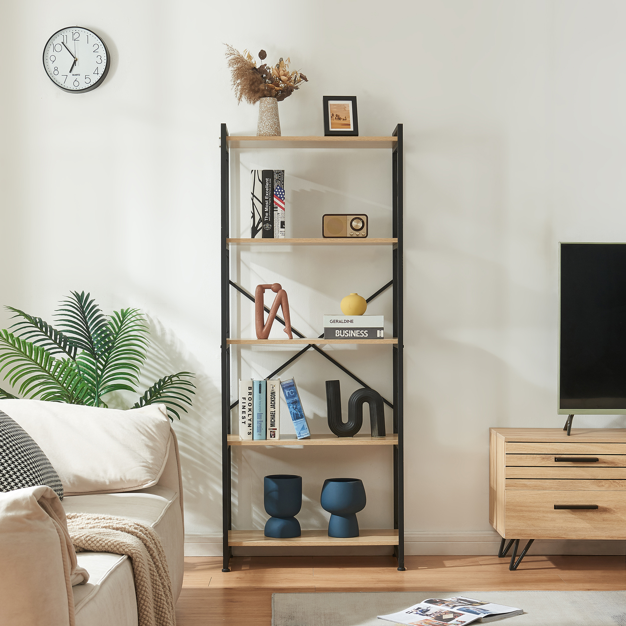 Bibliotecă Skørping cu 5 polițe, metal negru și aspect stejar 160x65x30 cm