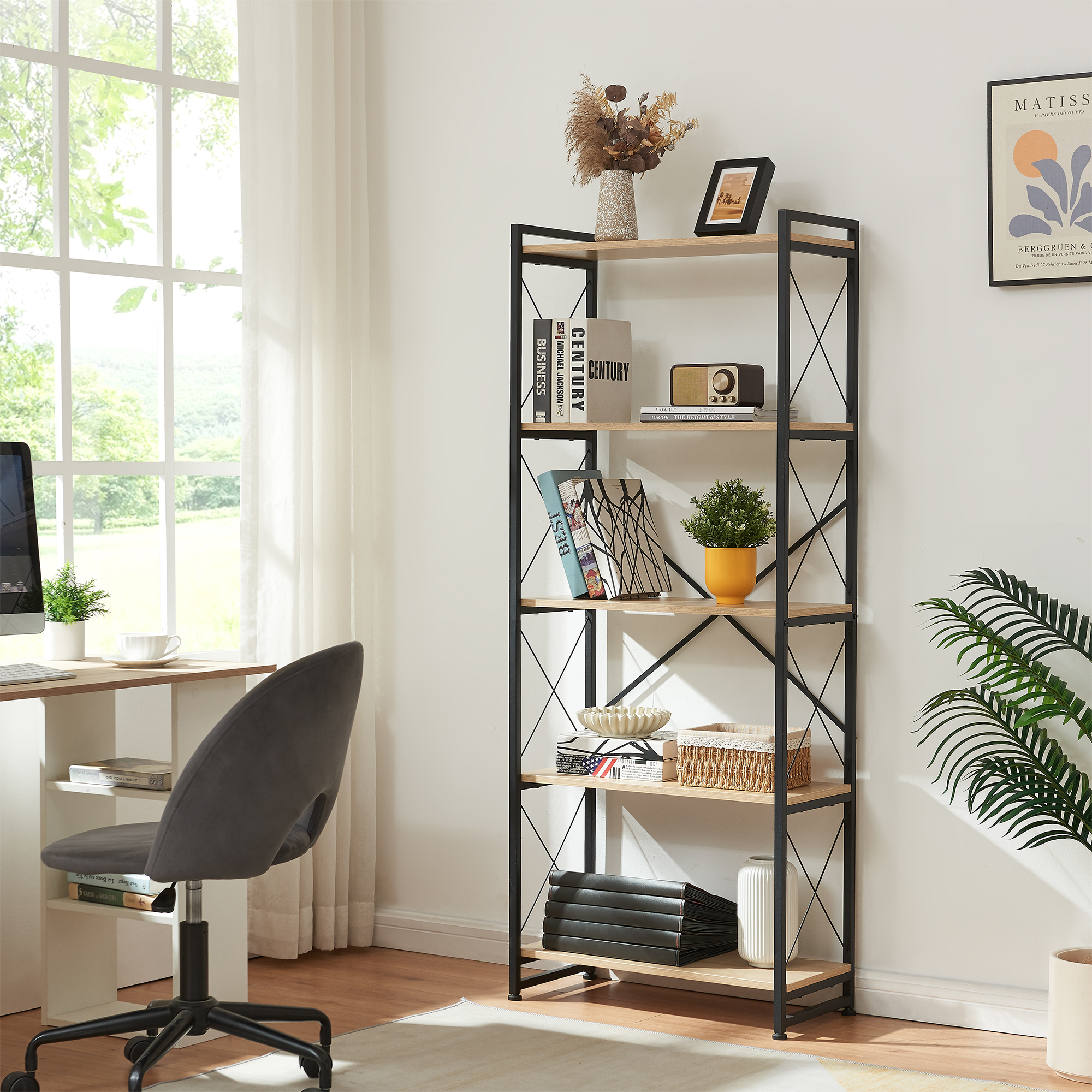 Bibliotecă Skørping cu 5 polițe, metal negru și aspect stejar 160x65x30 cm