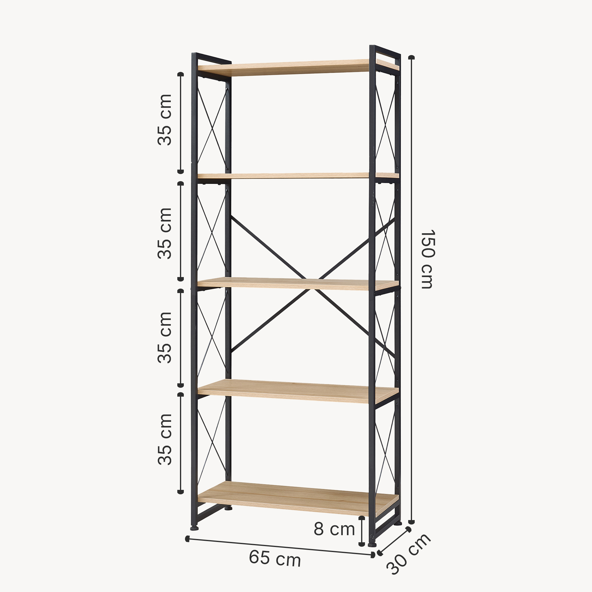 Bibliotecă Skørping cu 5 polițe, metal negru și aspect stejar 160x65x30 cm
