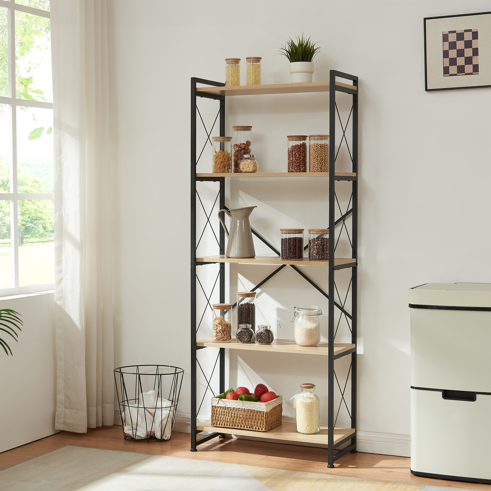 Bibliotecă Skørping cu 5 polițe, metal negru și aspect stejar 160x65x30 cm