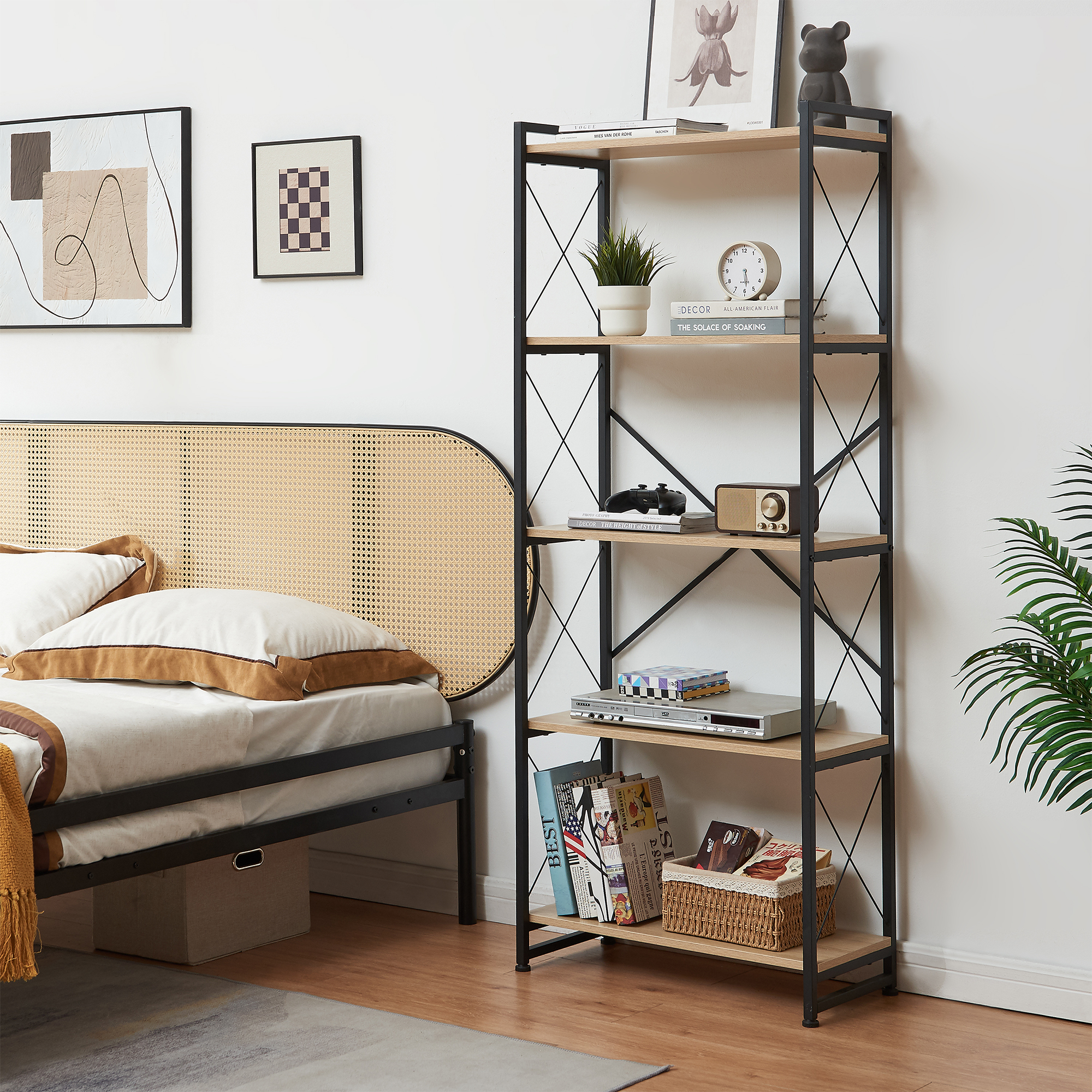 Bibliotecă Skørping cu 5 polițe, metal negru și aspect stejar 160x65x30 cm