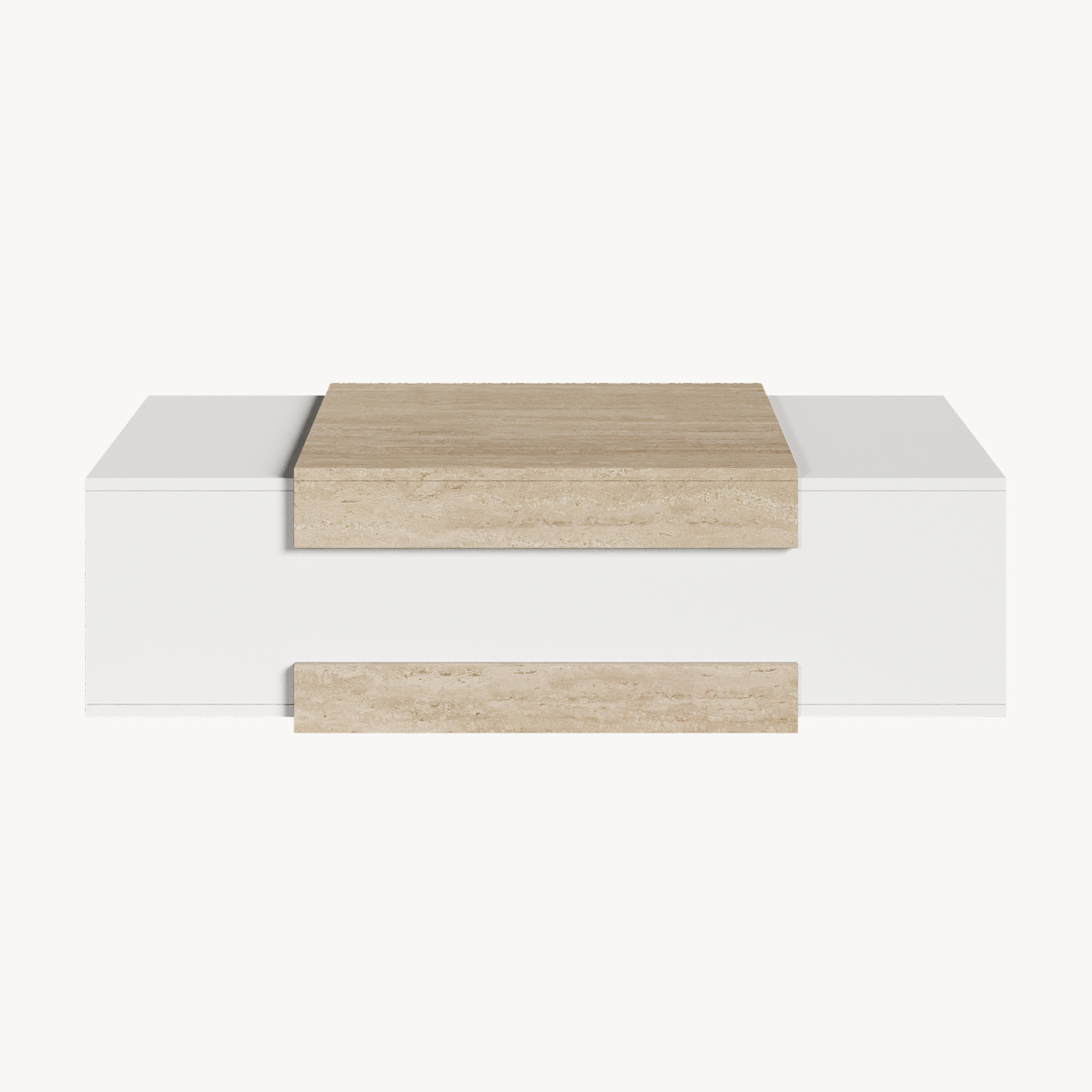 Masuta de cafea Eljak 110x57x31 cm alb si travertin, 2 rafturi