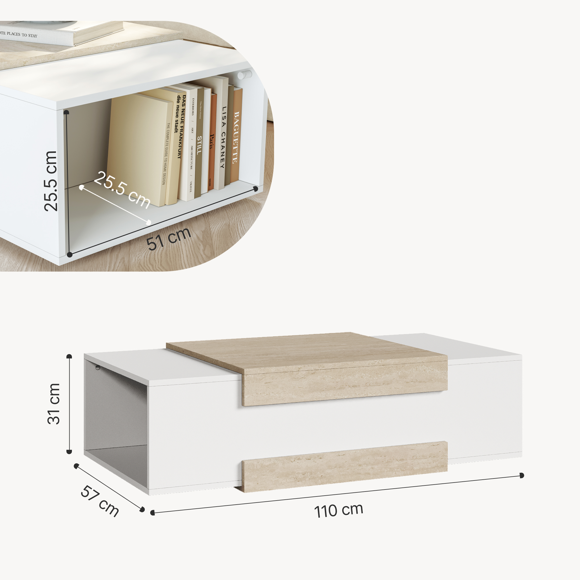 Masuta de cafea Eljak 110x57x31 cm alb si travertin, 2 rafturi