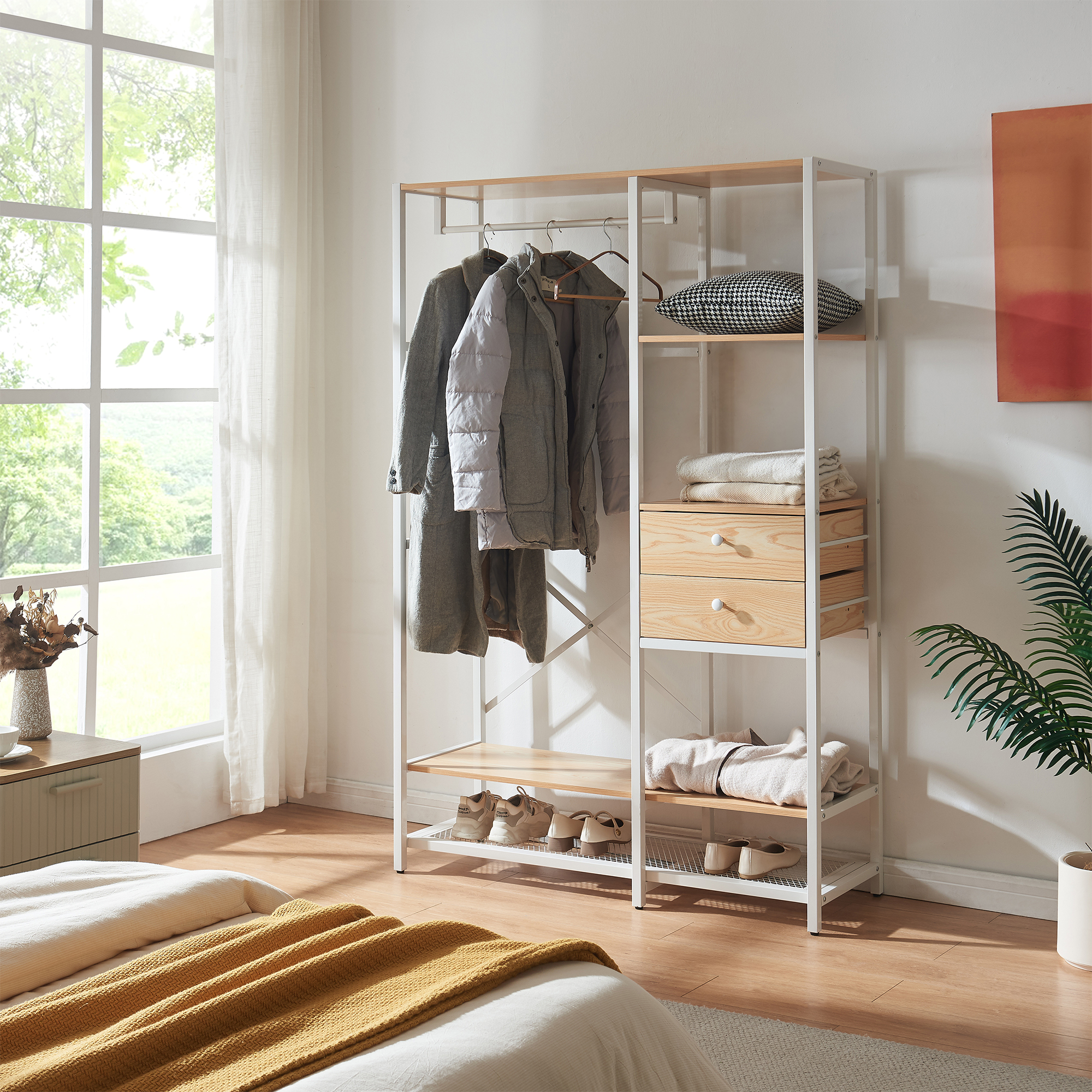 Cuier tip garderobă Larem cu sertare și rafturi, alb/stejar, 180x120x40 cm