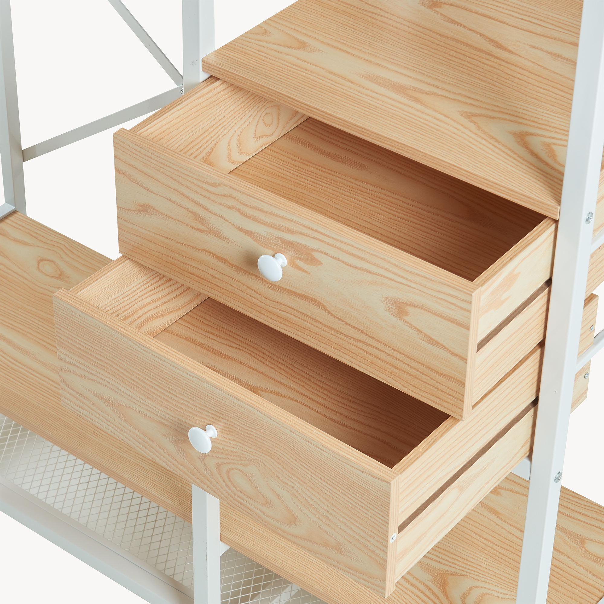 Cuier tip garderobă Larem cu sertare și rafturi, alb/stejar, 180x120x40 cm