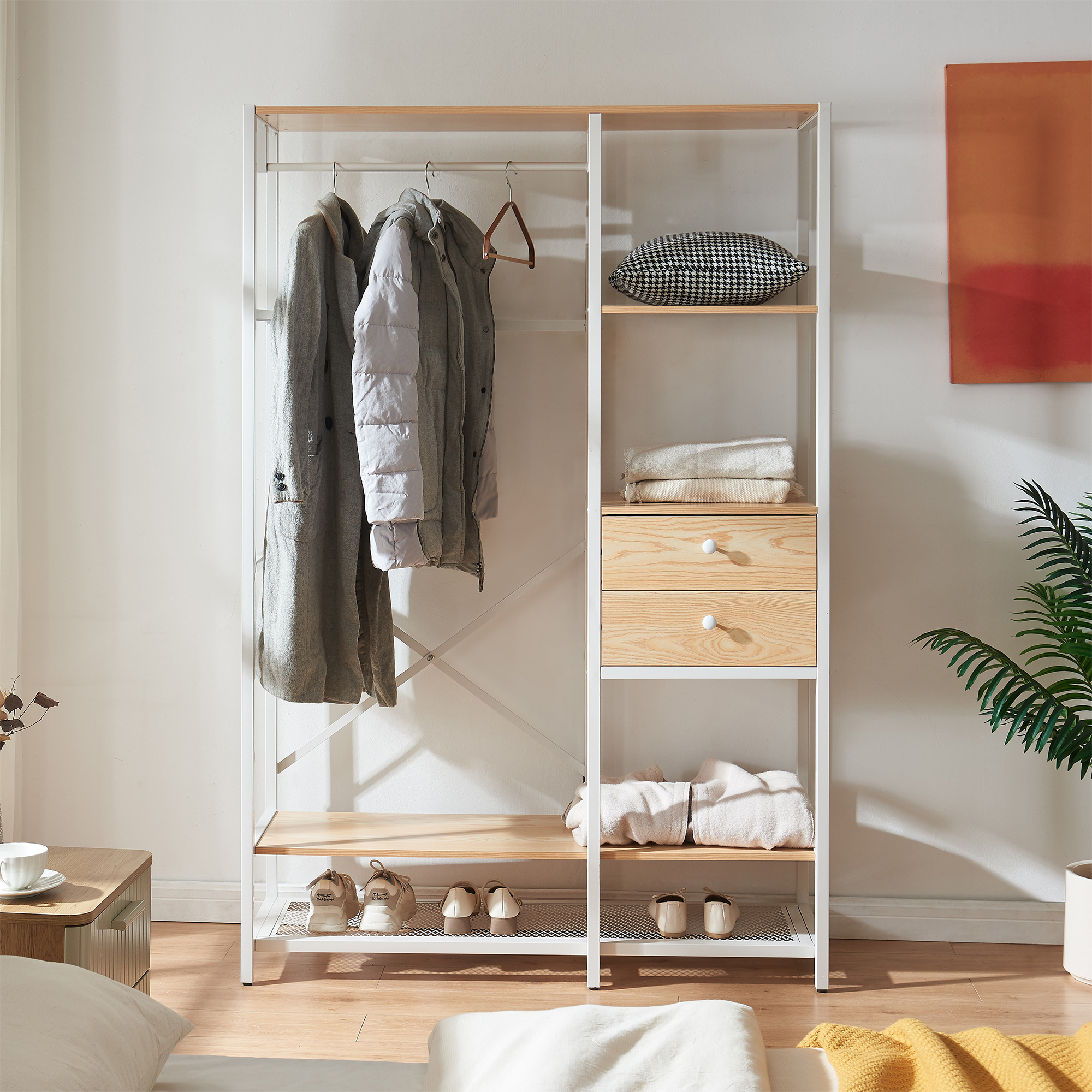 Cuier tip garderobă Larem cu sertare și rafturi, alb/stejar, 180x120x40 cm