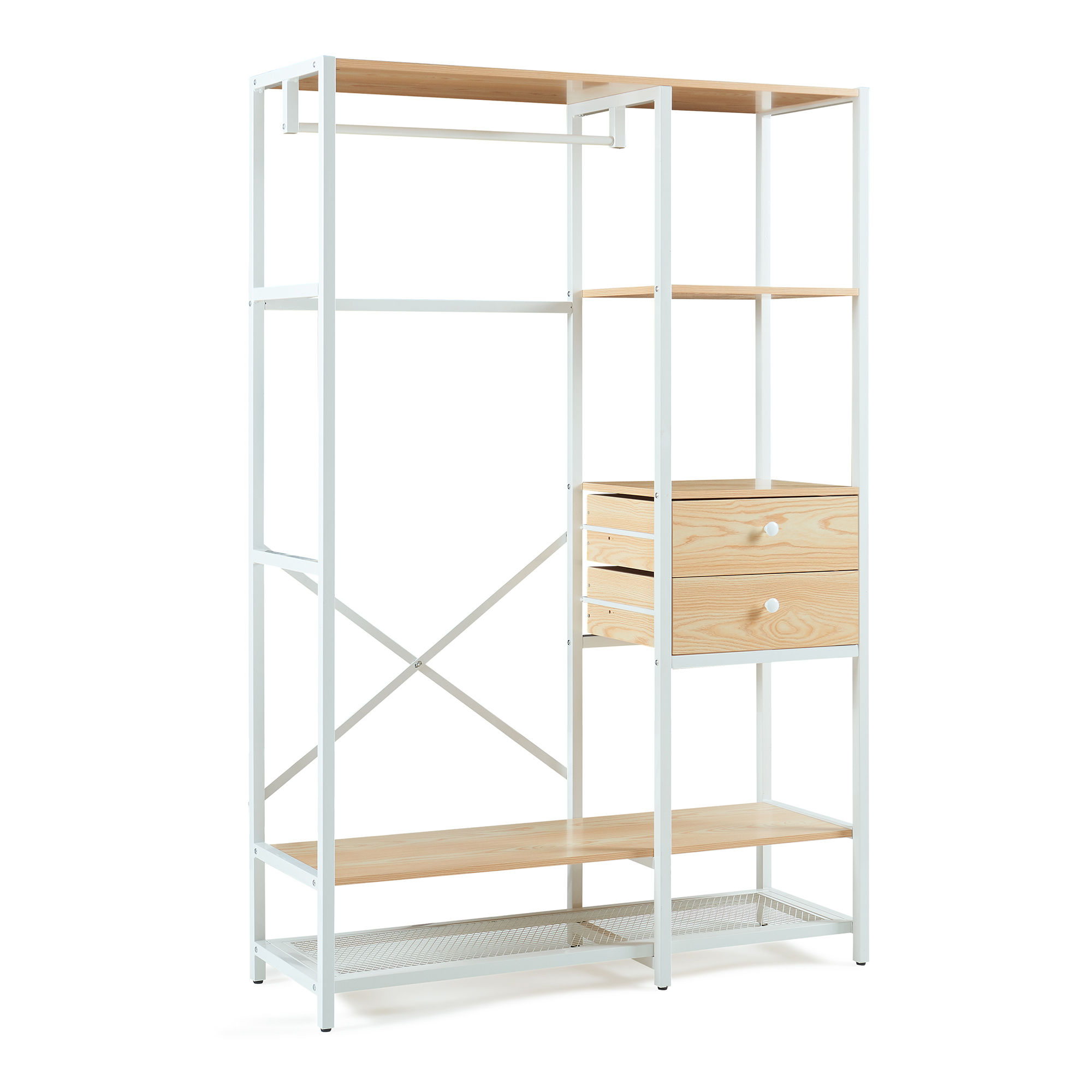 Cuier tip garderobă Larem cu sertare și rafturi, alb/stejar, 180x120x40 cm